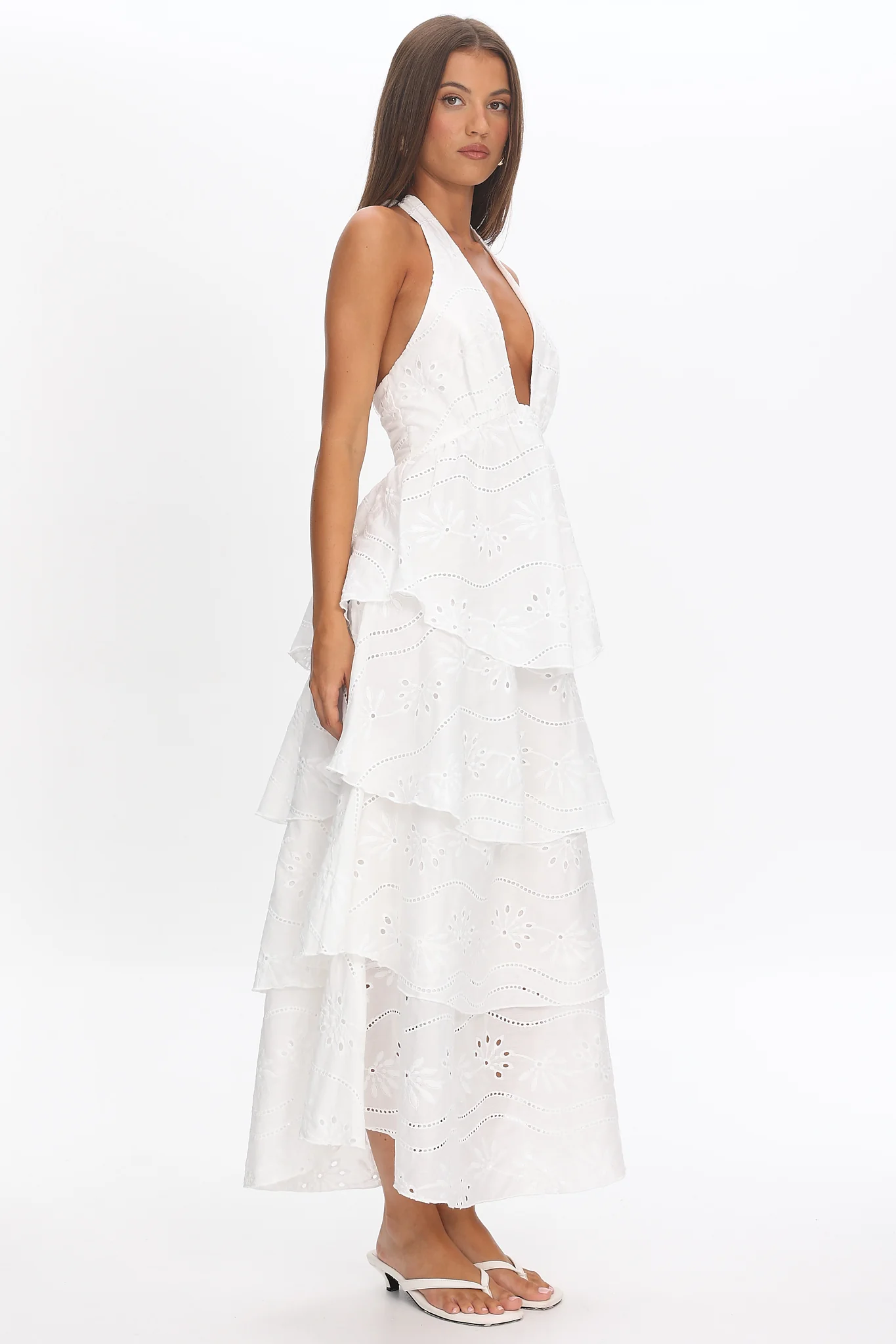 Catalina Tiered Halter Maxi Dress Eyelet White - luluinthesky