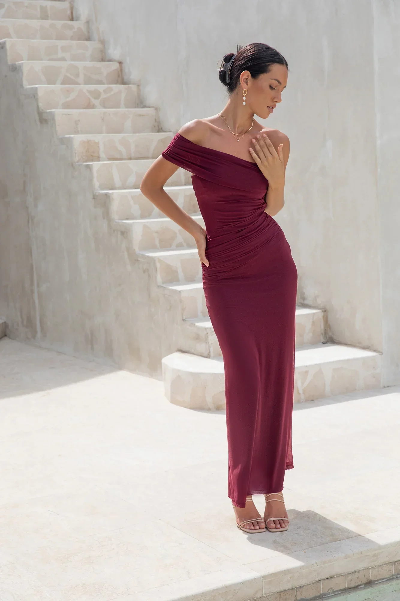 Dahlia One Shoulder Mesh Maxi Dress Maroon