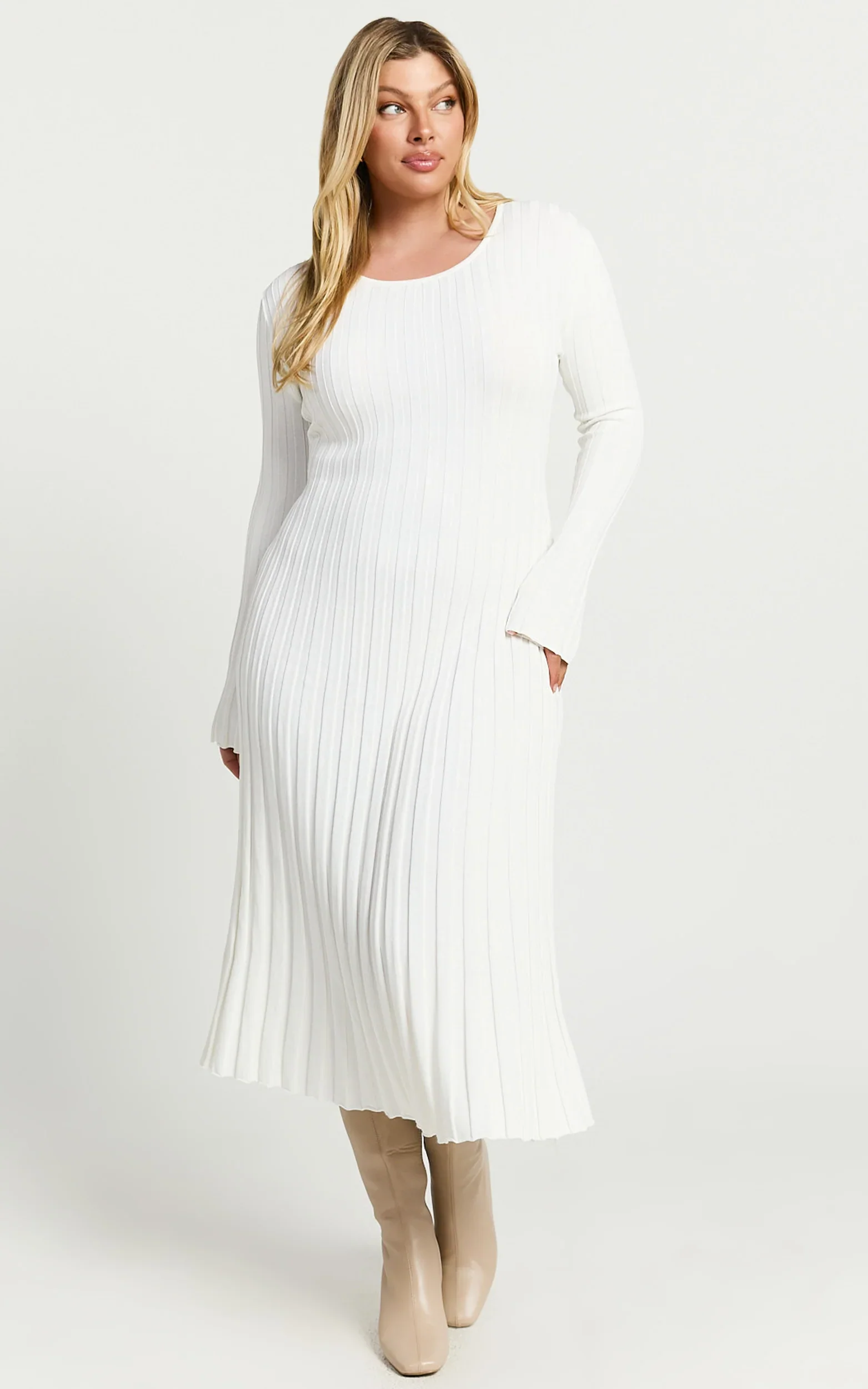 Blaire Midi Dress - Long Sleeve Tie Back Flare Dress in Ivory - elegeleges