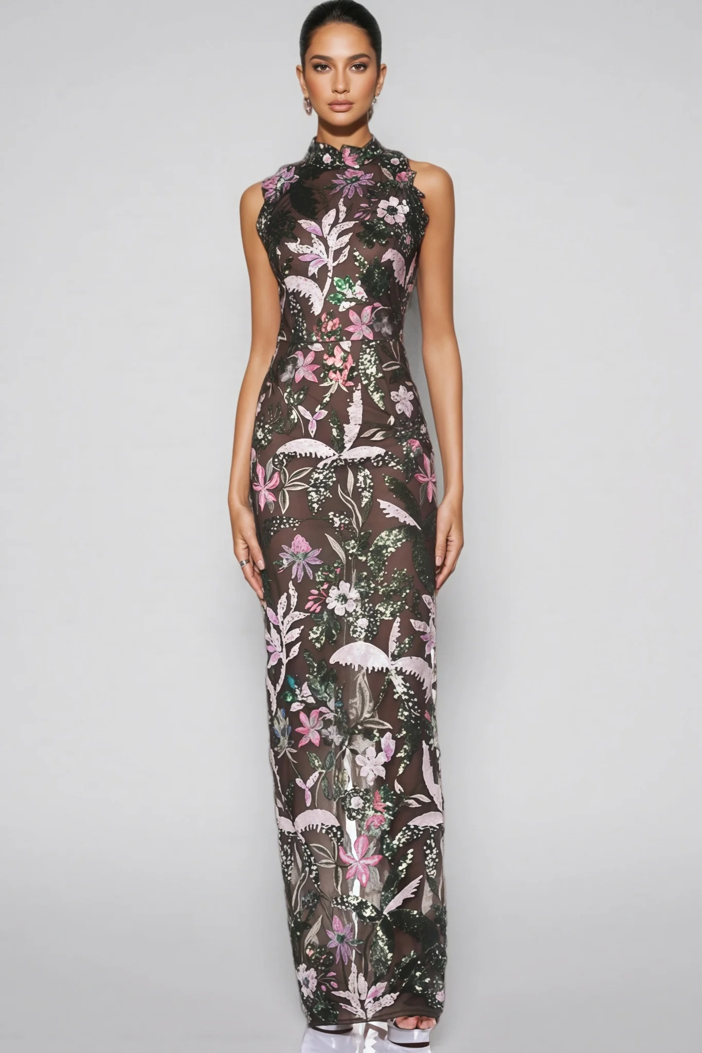 Charkd Lace Embroidered Flower Maxi Dress