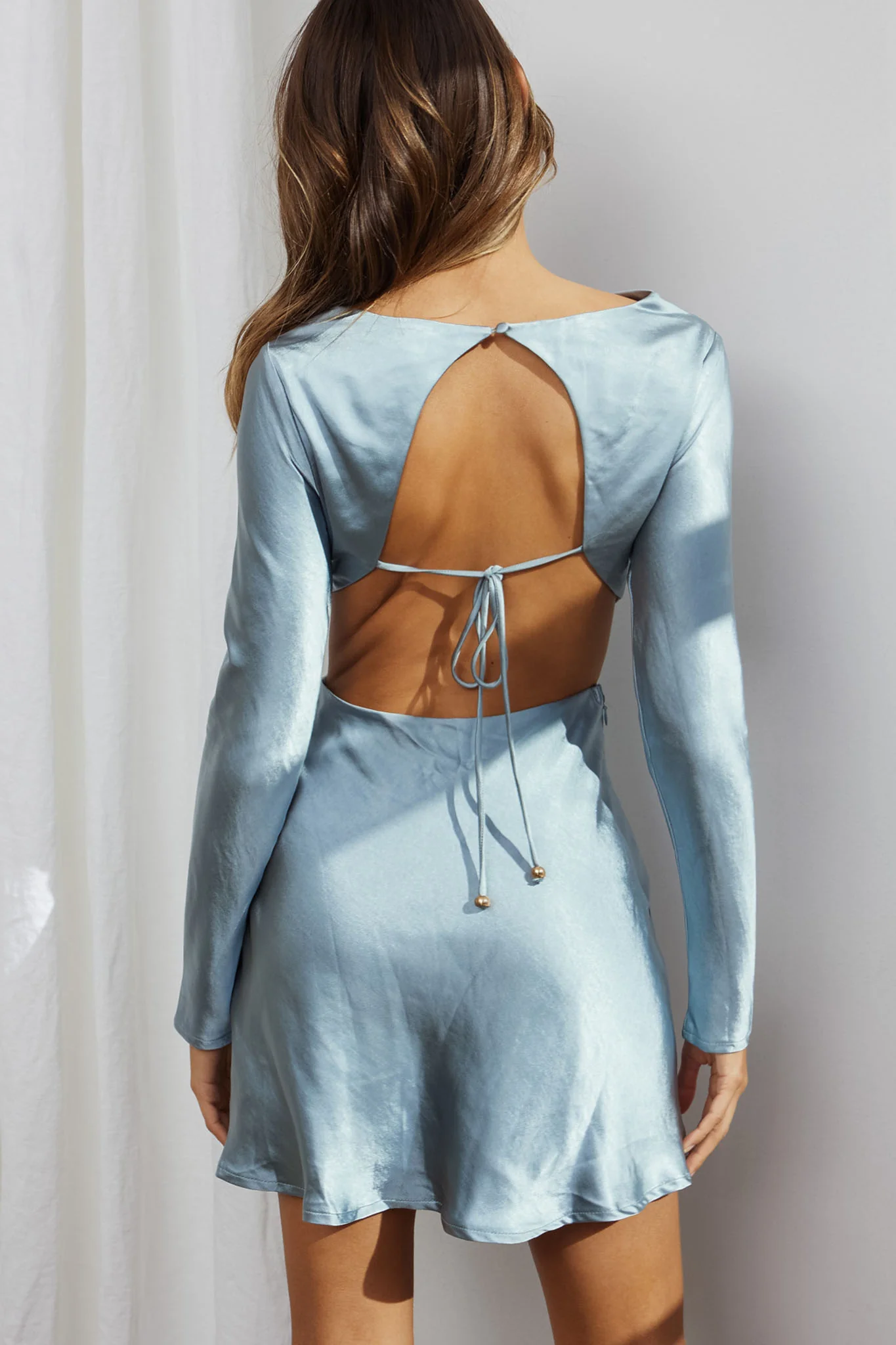 Northern Lights Long Sleeve Open Back Satin Mini Dress Blue
