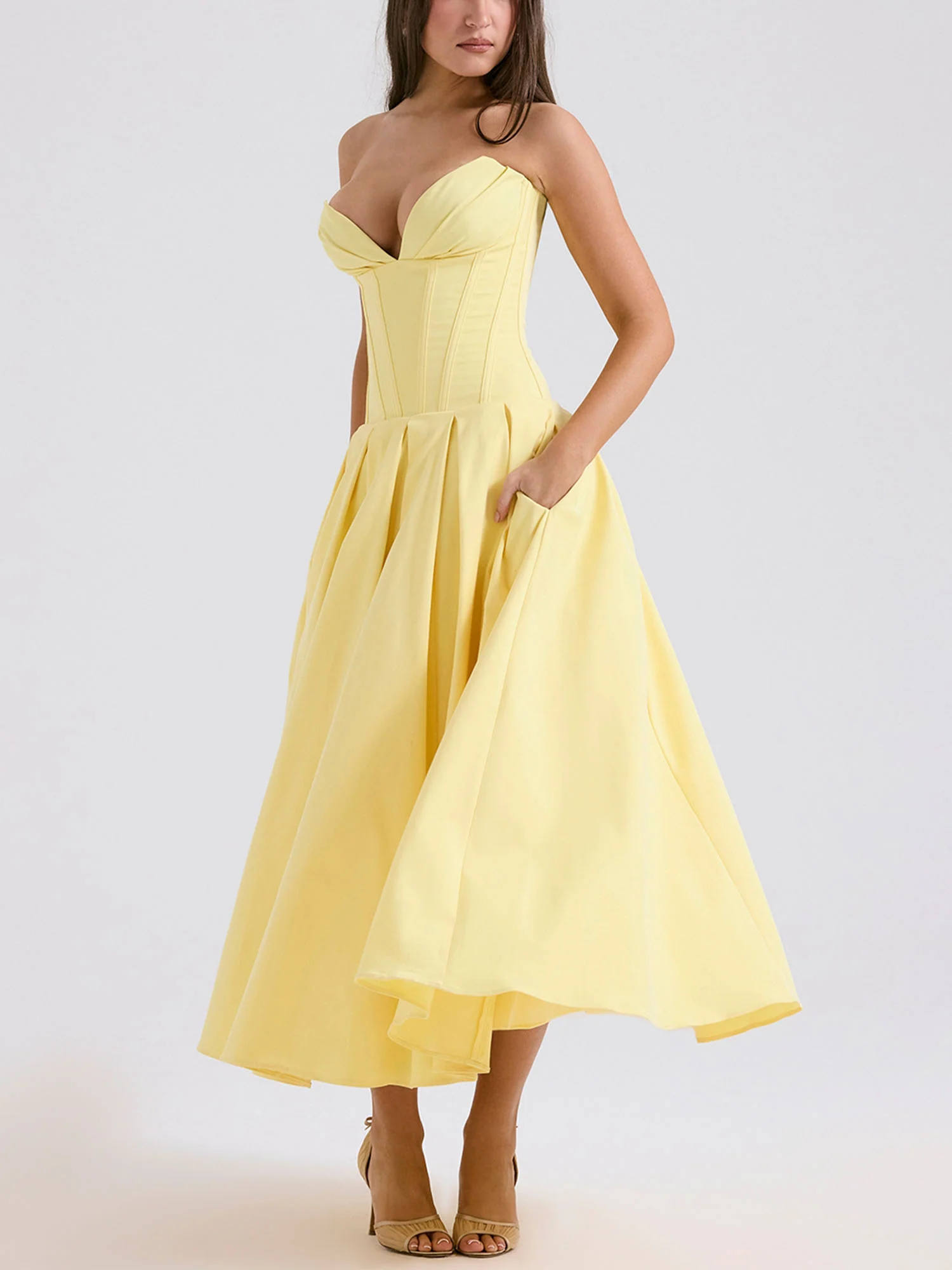 Yellow Strapless Fit-and-Flare Midi Dress