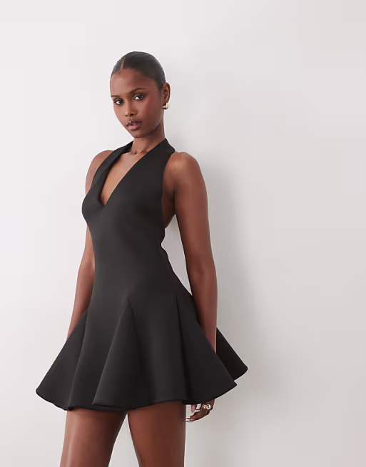 plunge neck structured full skirt mini dress in black scuba-style fabric