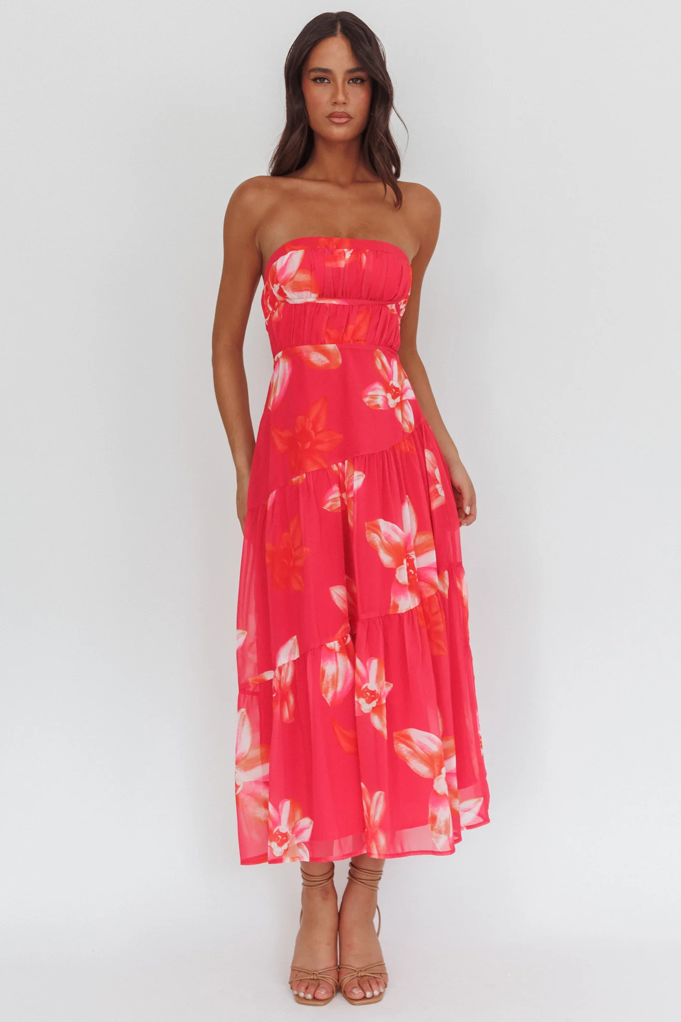 South Pacific Strapless Strappy Back Midi Length Floral Pink