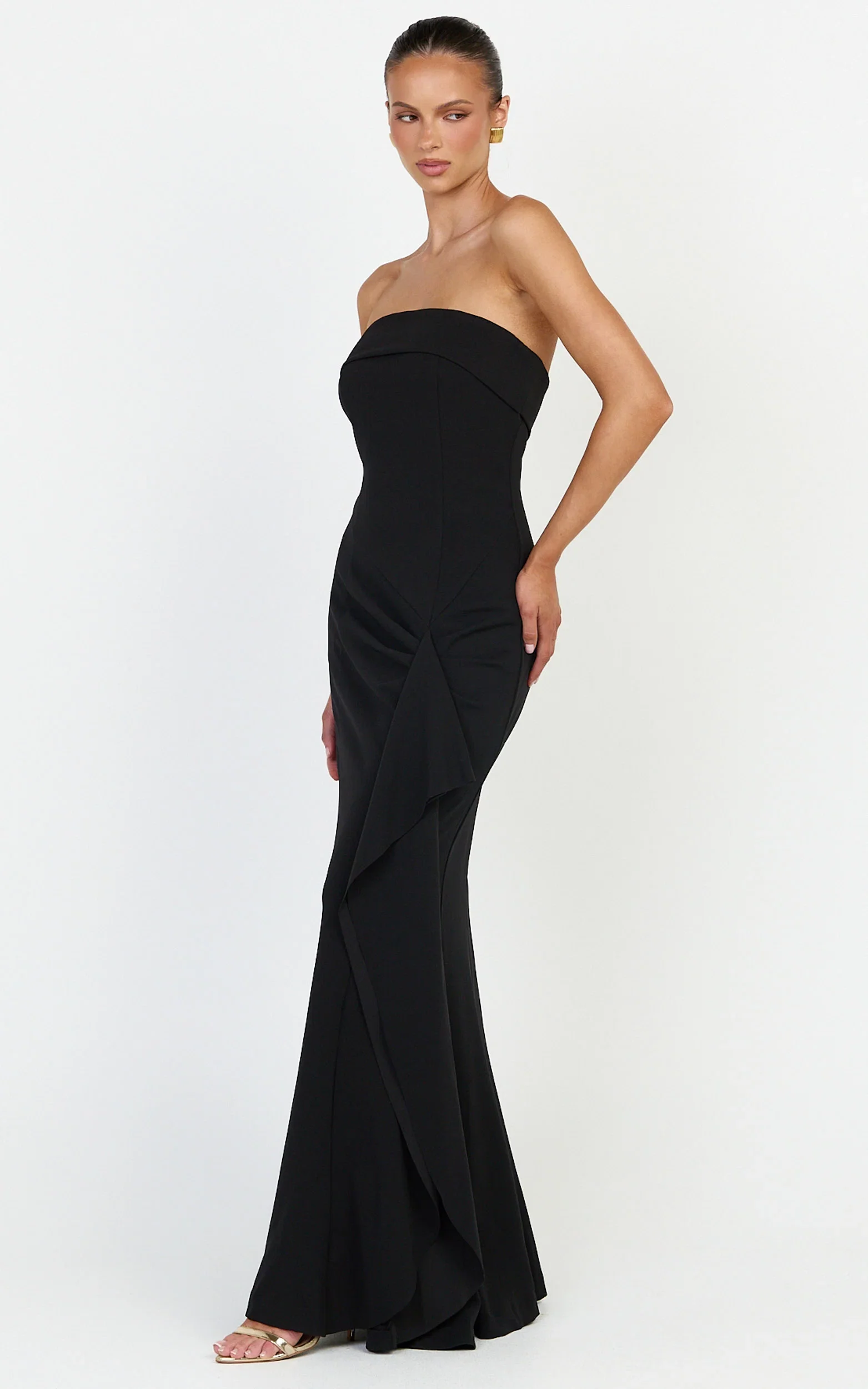 Leda Maxi Dress - Strapless Waterfall Sash Dress in Black