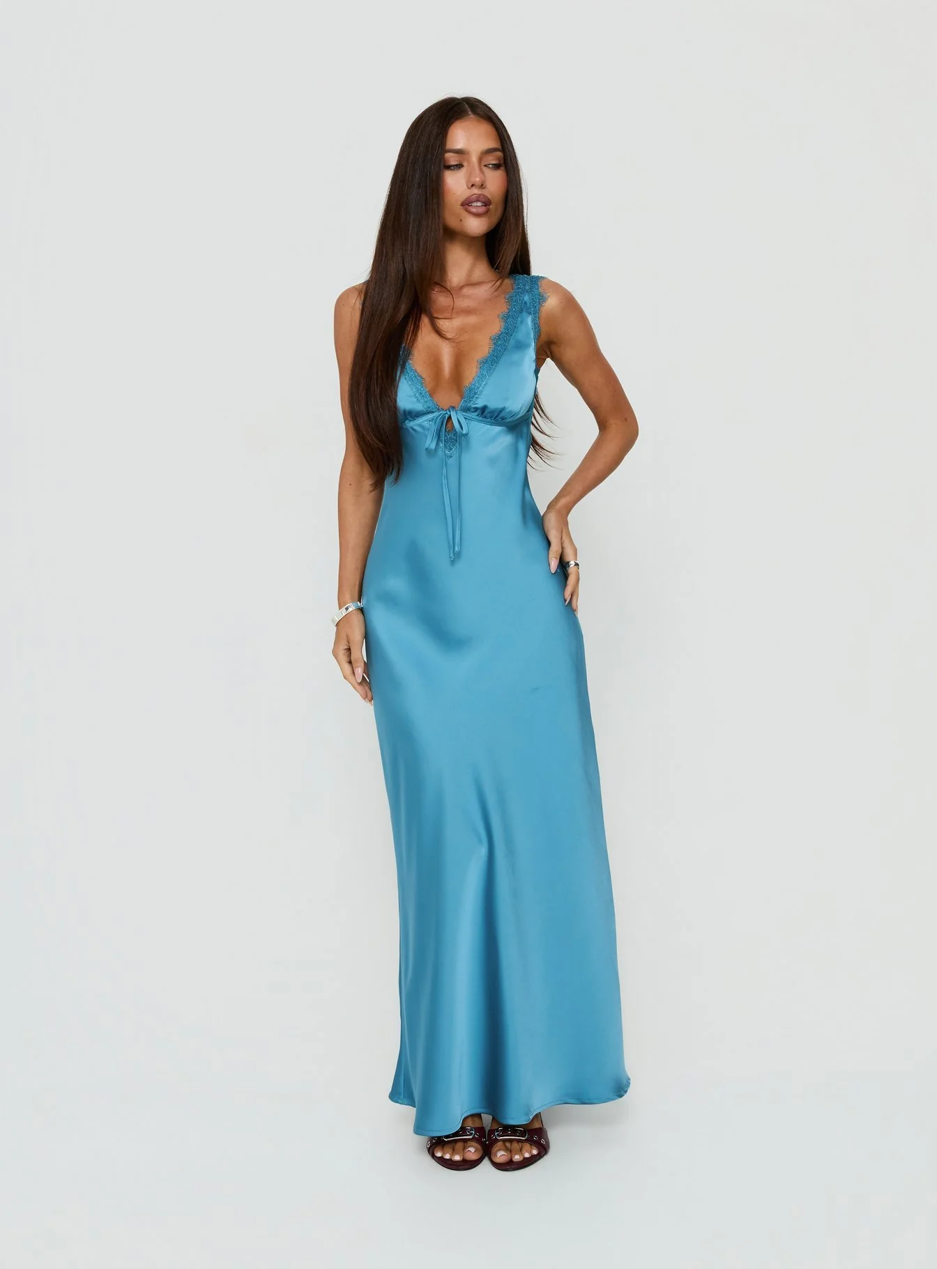 Damelia Tie Detail Lace Trim Maxi Dress Blue - luluinthesky