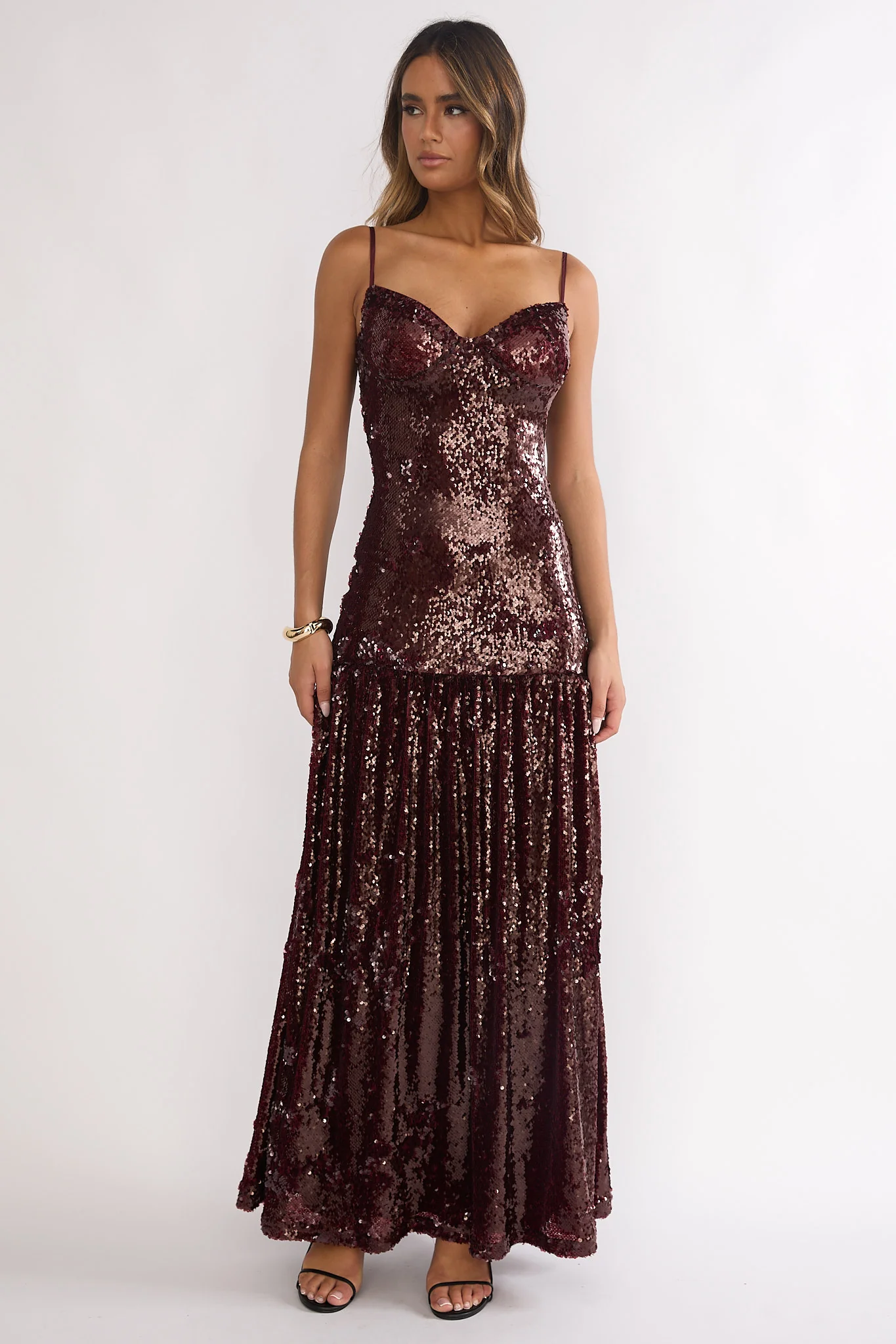 Miller Drop Waist Sequin Maxi Dress Burgundy - luluinthesky