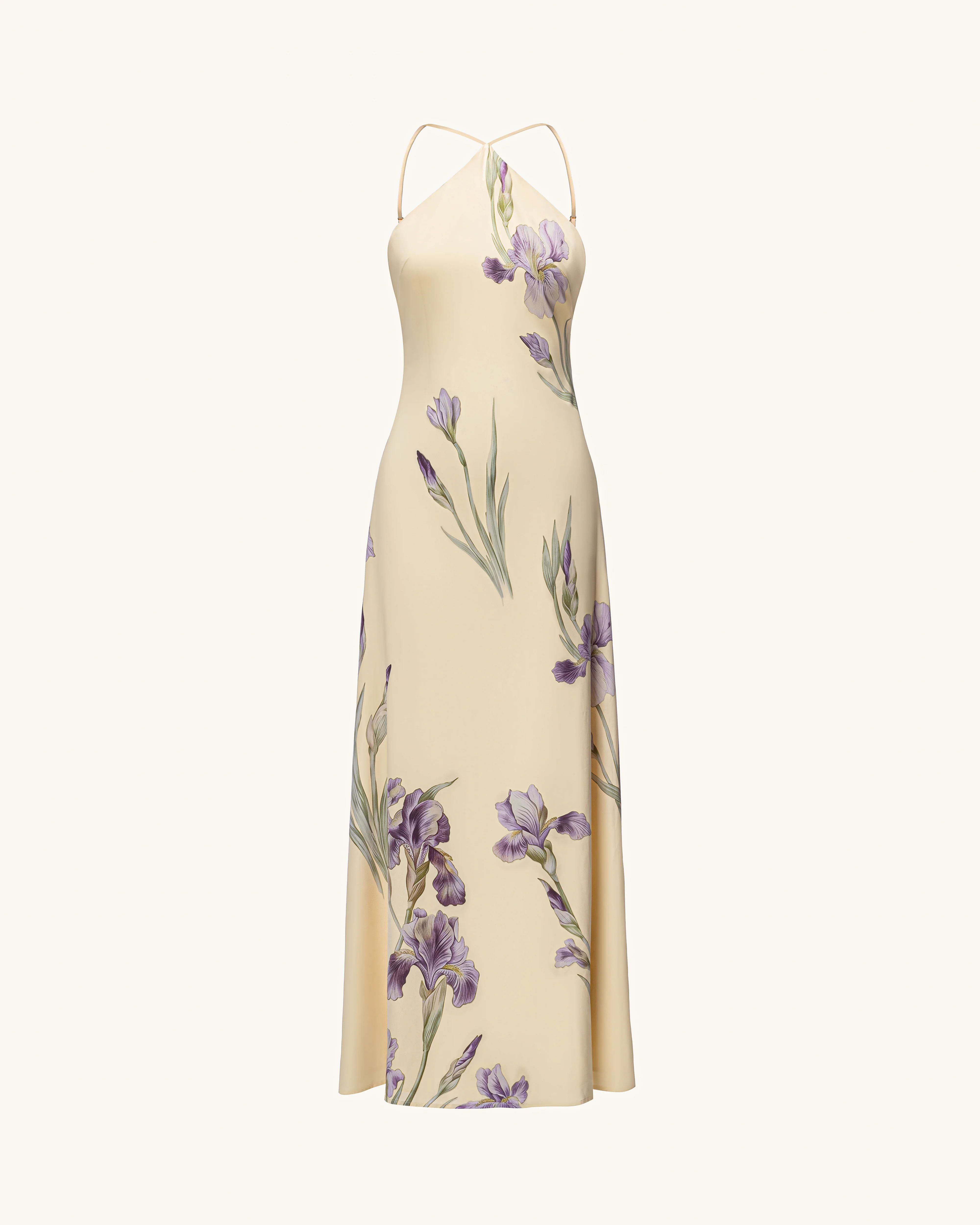 Iris Print Cross-Halter Open-Back Maxi Dress - Yellow - FASHION NOB