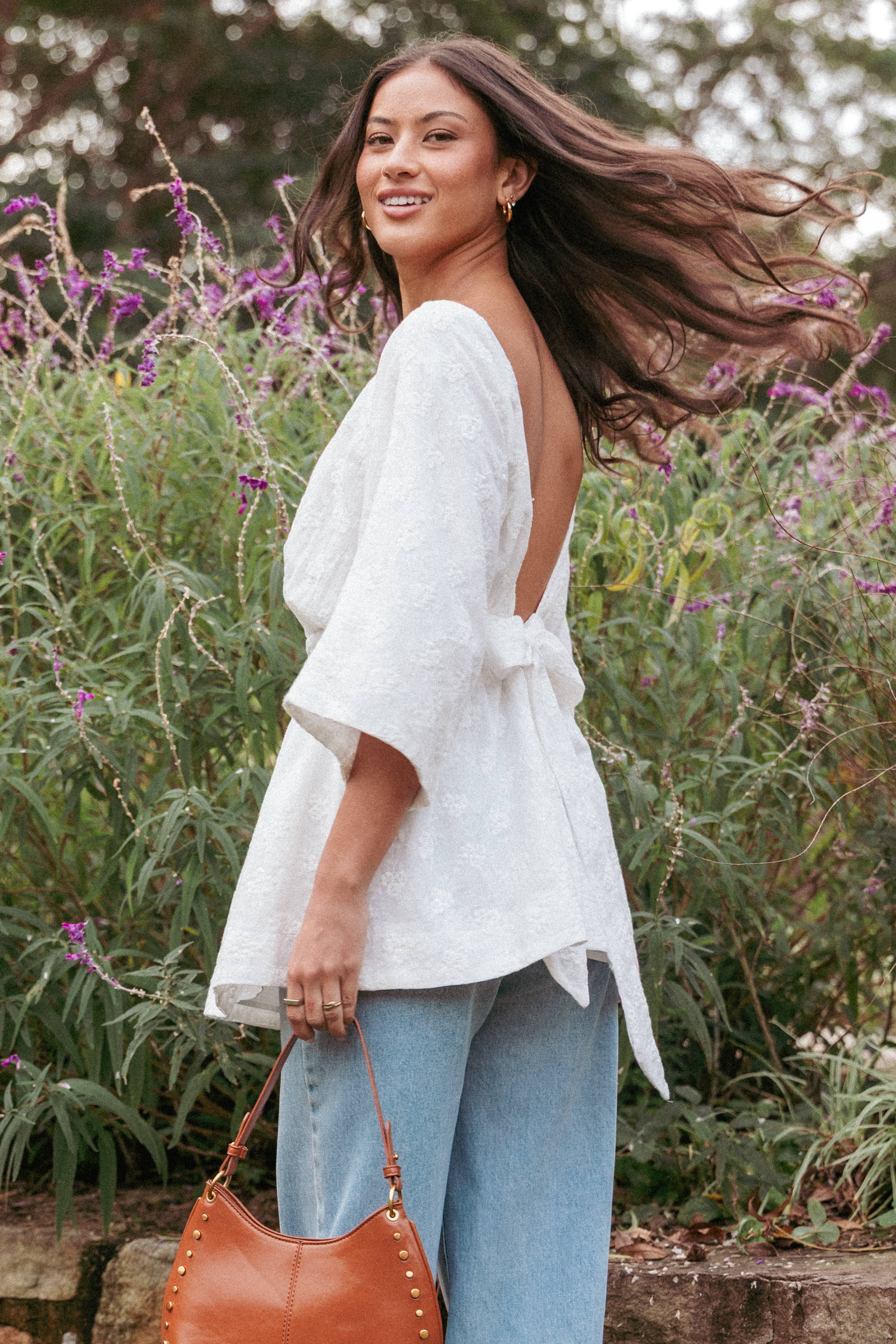 Camila Open Back Top - White Embroidery