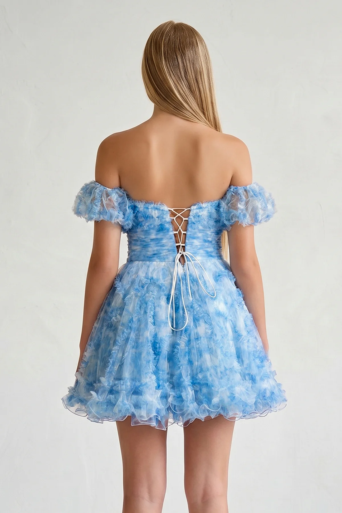 Blue Puff Sleeves Ruffles A-line Prints Homecoming Dress