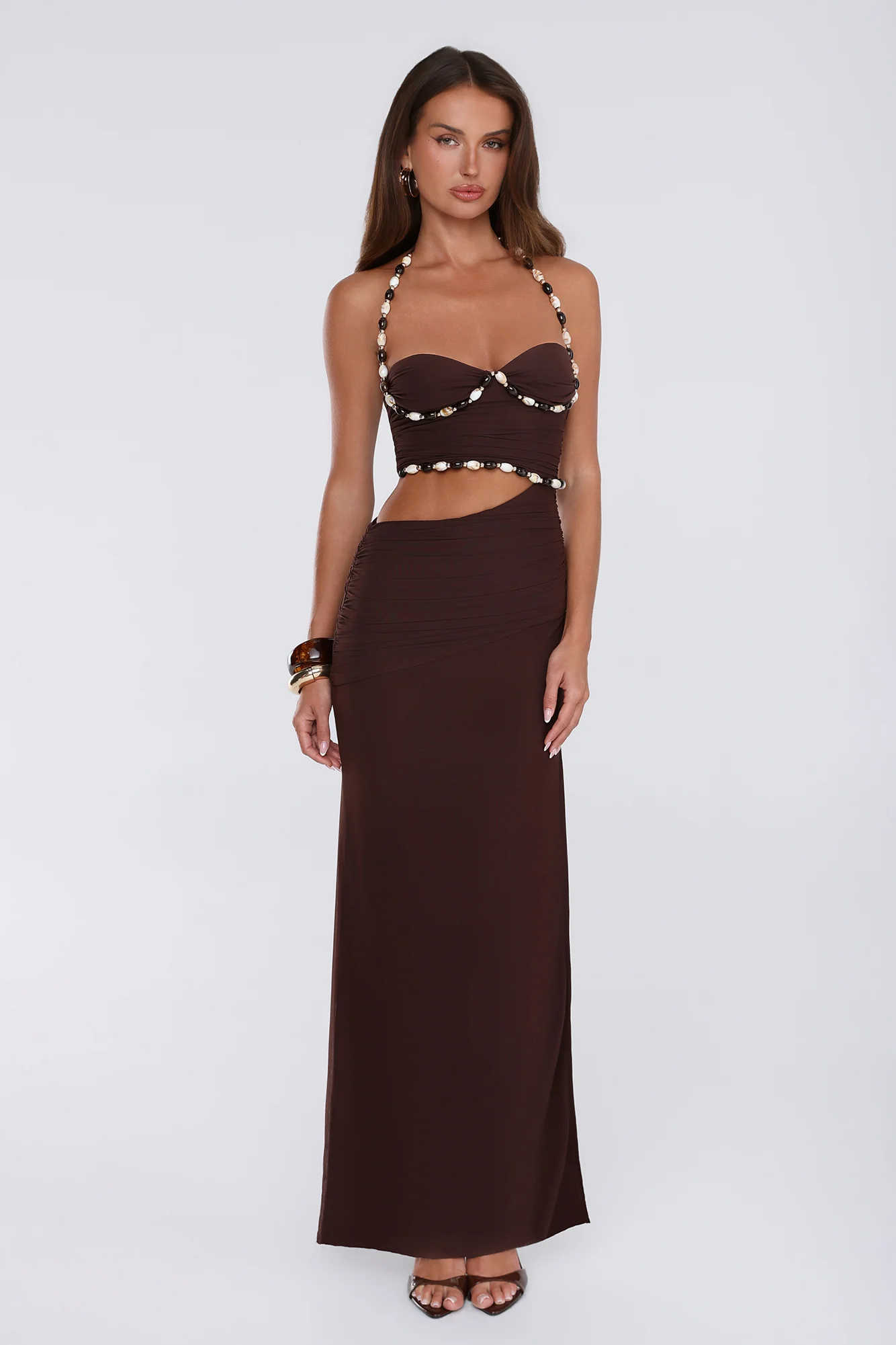 Shell Kissed Mesh Halter Maxi Dress Brown