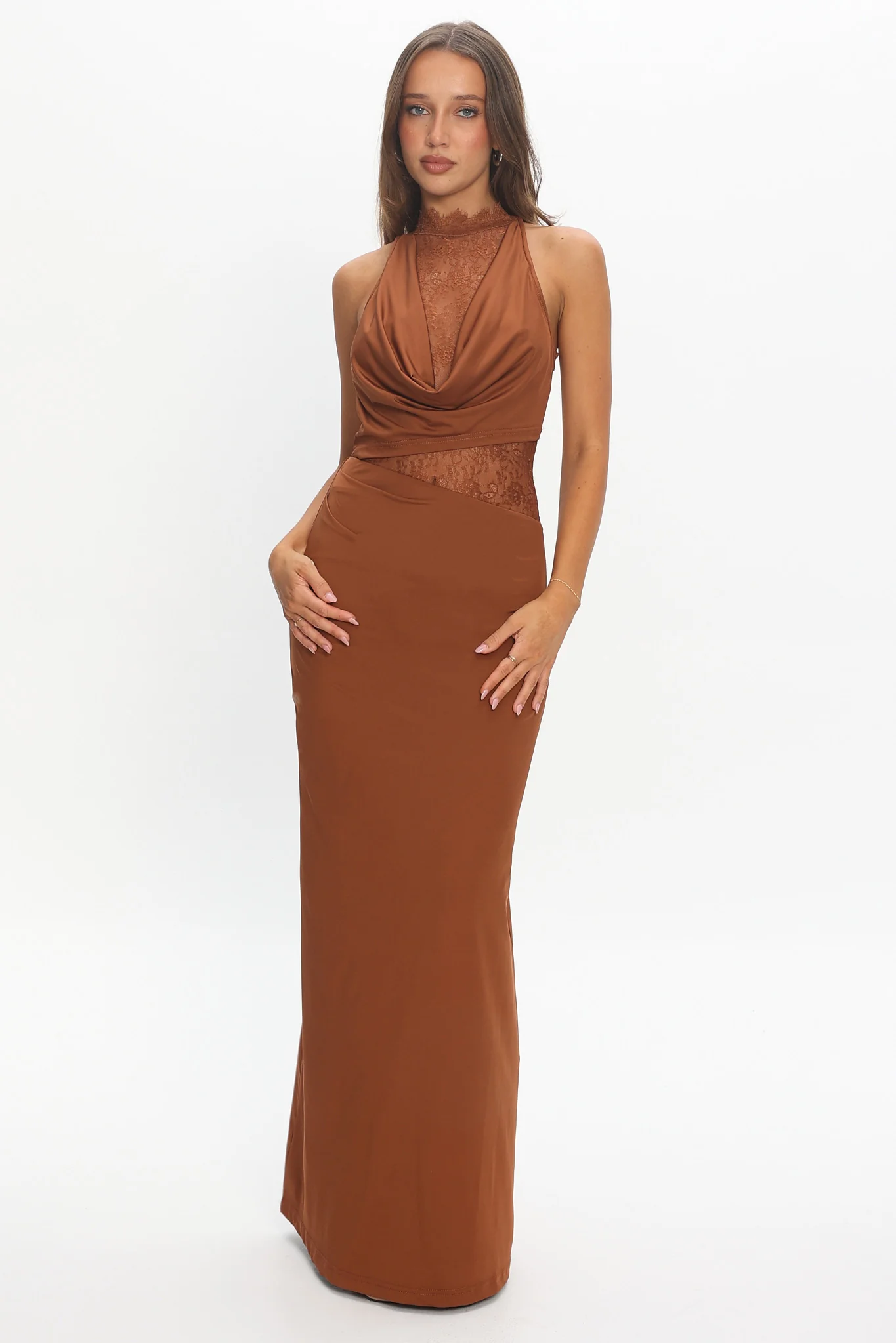 Lorely Lace Bodice Cowl Maxi Dress Chocolate - luluinthesky