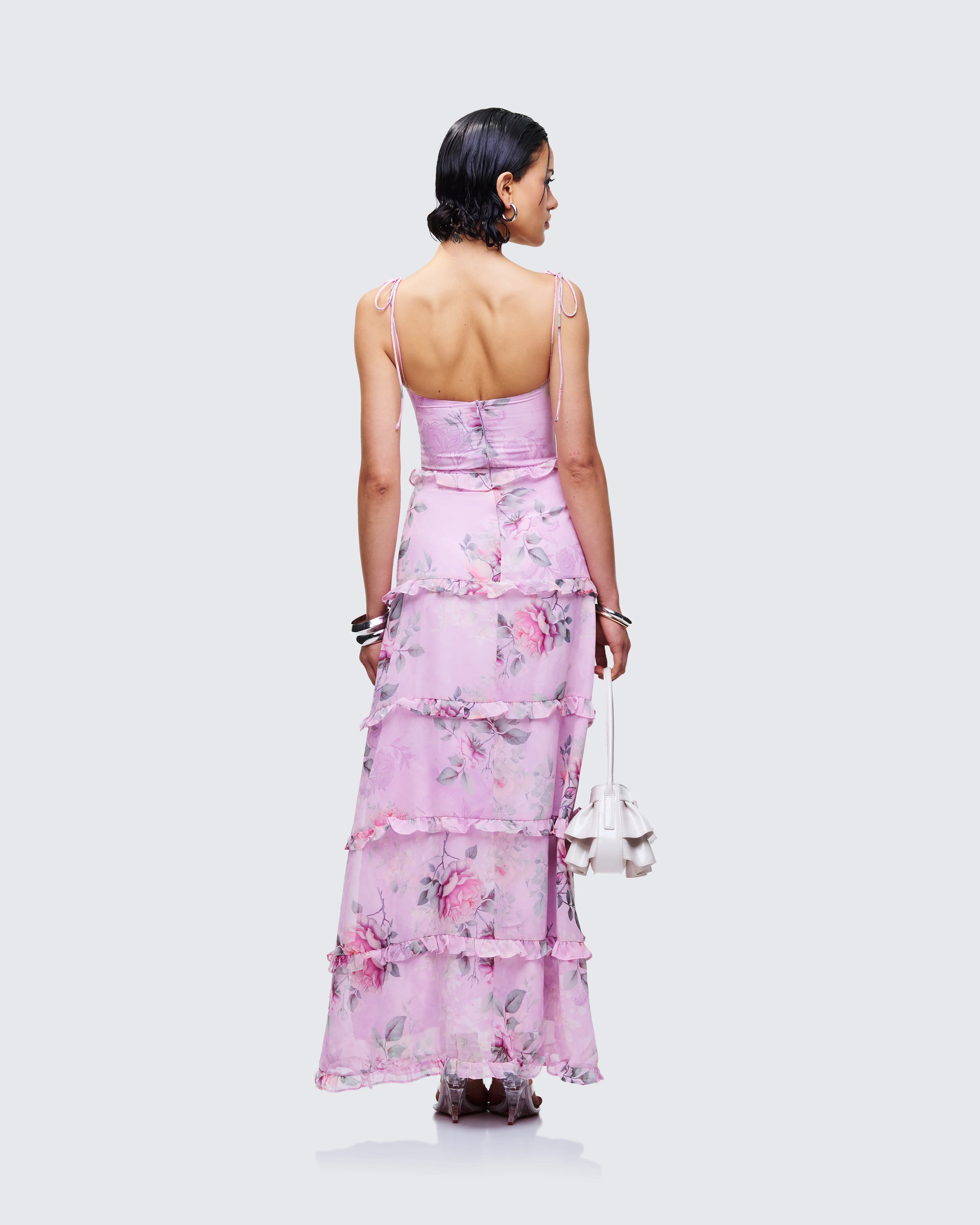 Aven Multi Printed Satin Ruffle Maxi Dress
