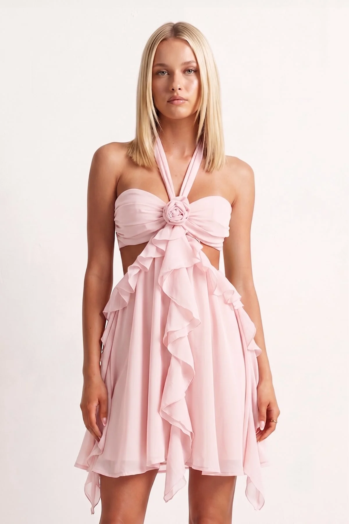 Pink Halter Ruffled A-Line Cut-Out Chiffon Homecoming Dress with 3D Flower