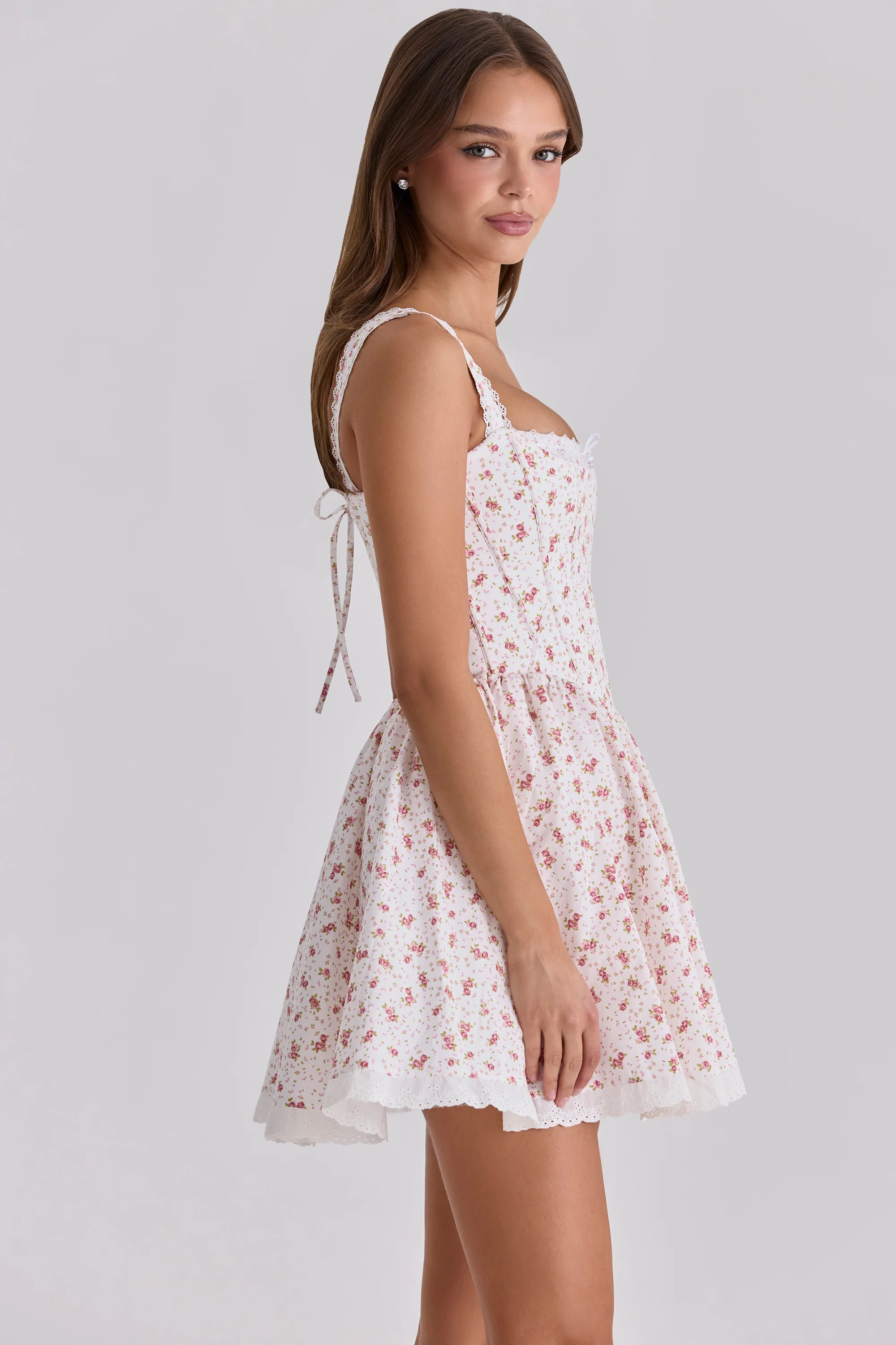 White Rose Print Cotton Corset Mini Dress
