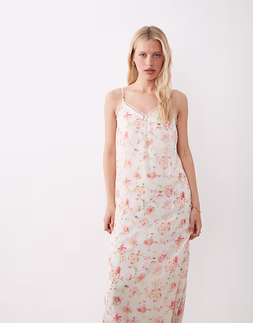 VILA lace trim cami midi dress in white floral print