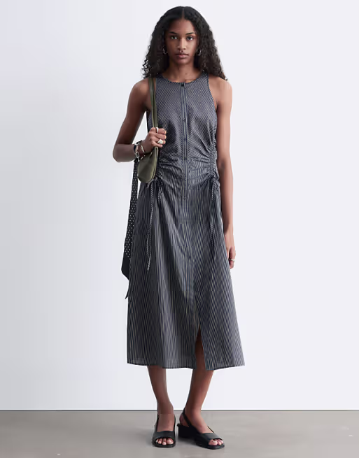 & Other Stories ruched side cotton midi dress in dark blue