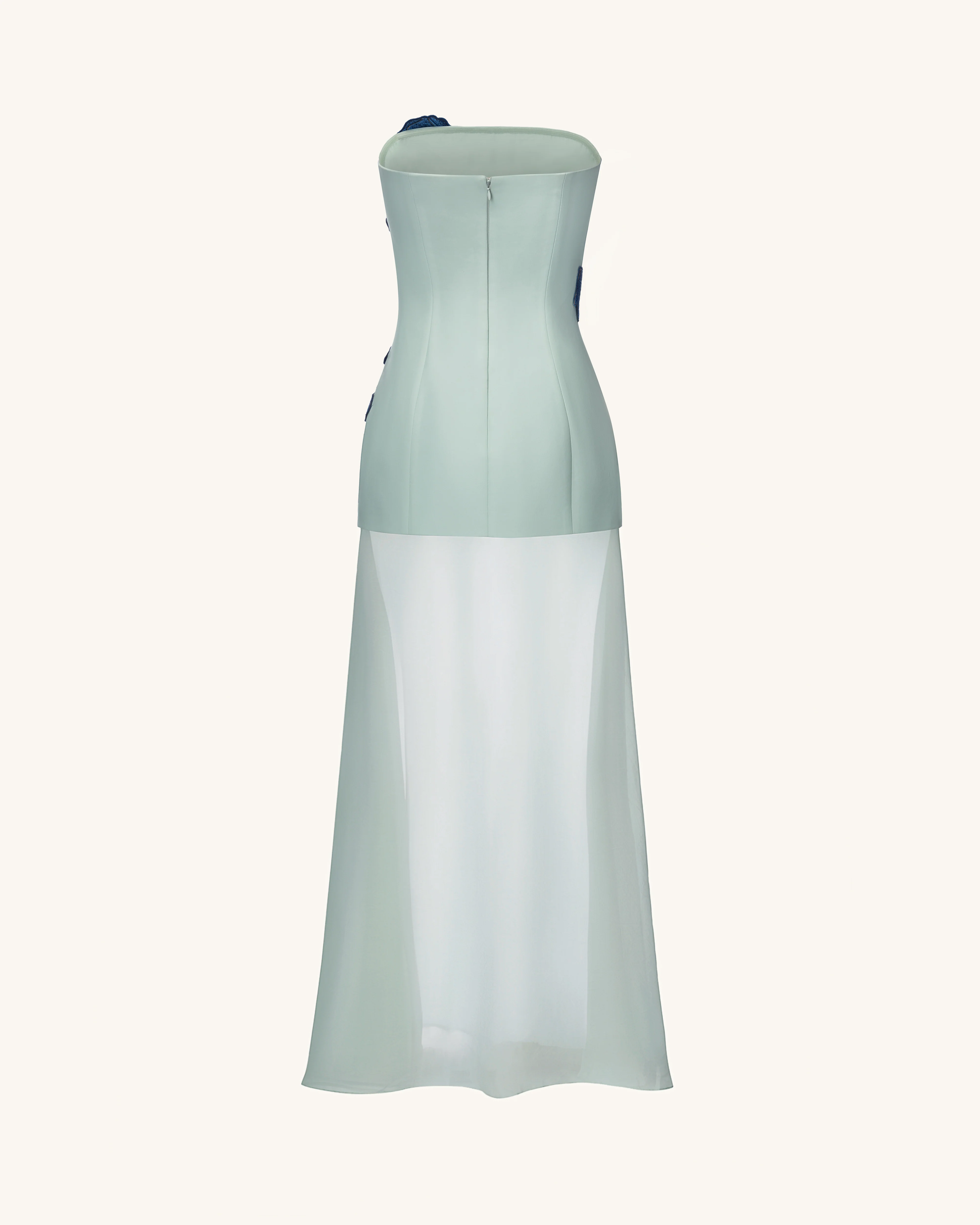 Iris Embroidered Strapless Sheer Overlay Maxi Dress - Sage Green - FASHION NOB