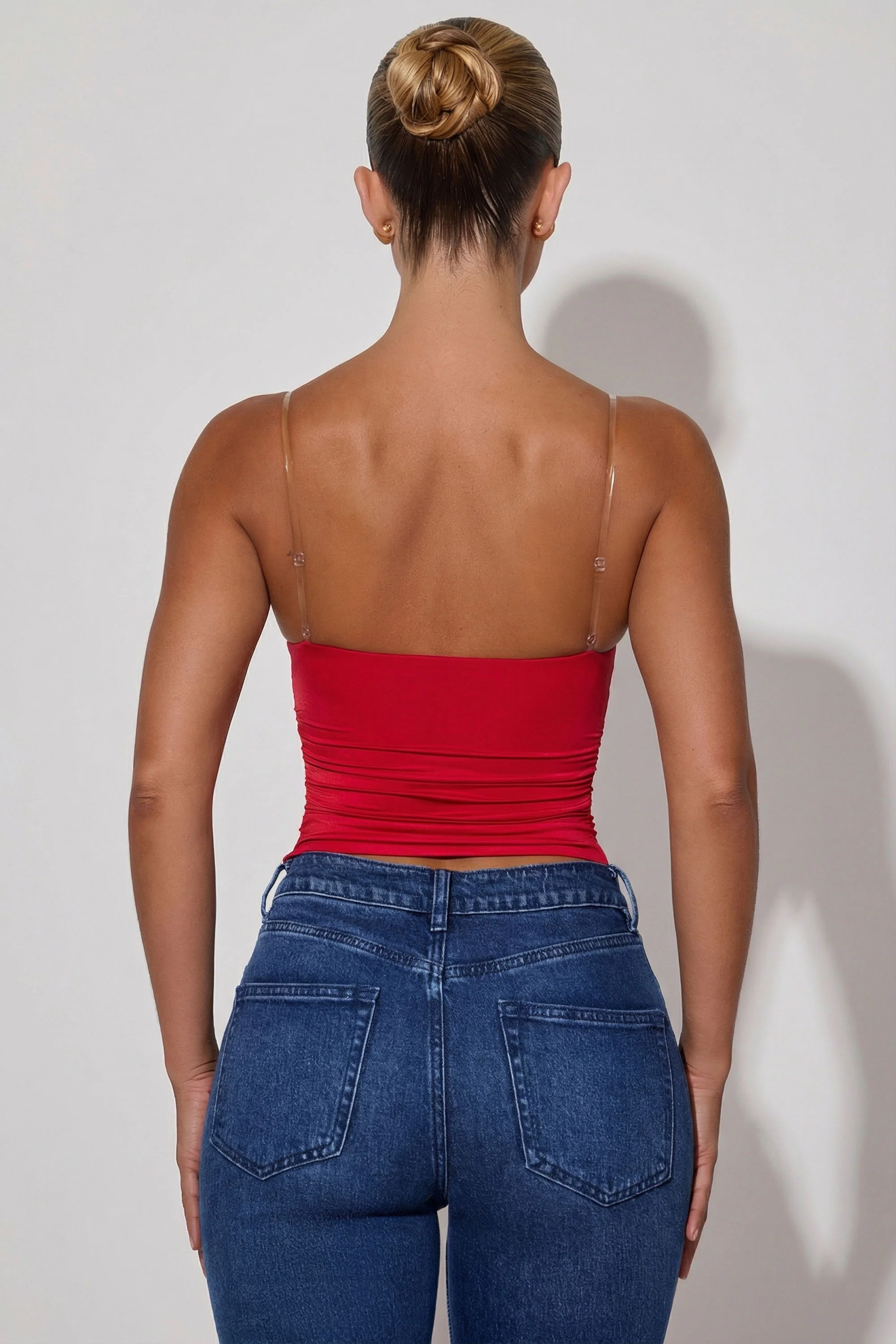 Ruched Plunge-Neck Camisole Top in Red