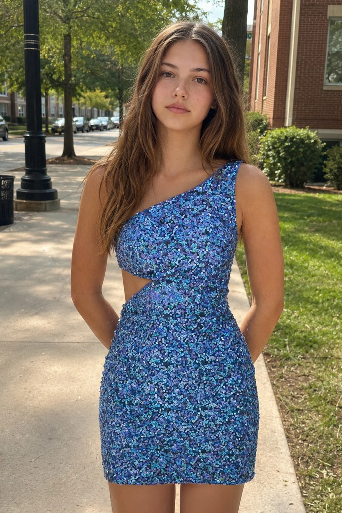 Blue - One Shoulder Sequins Bodycon Cut out Mini Homecoming Dresses