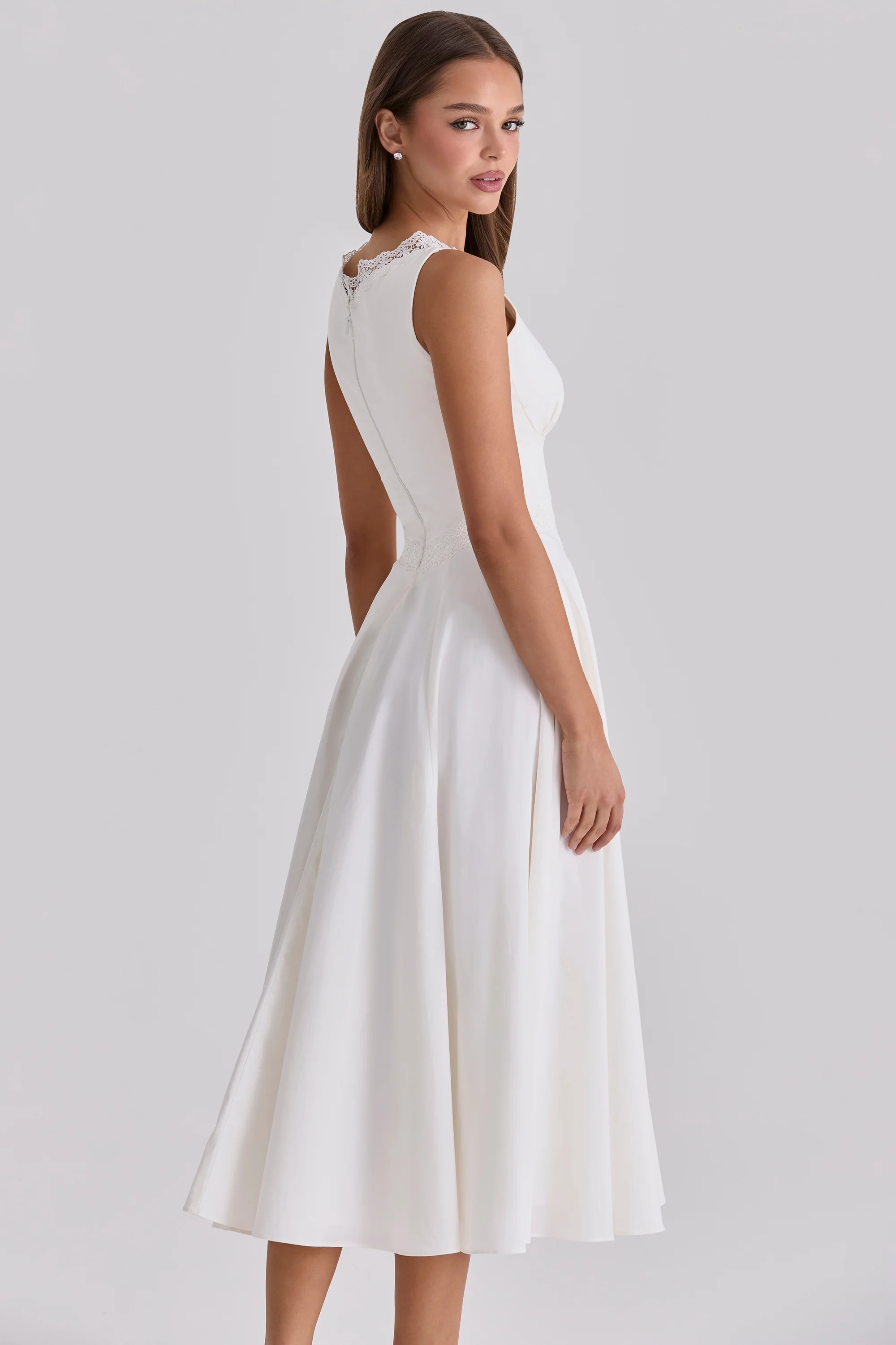 white cotton lace trim waist cinch midi dress - luluinthesky