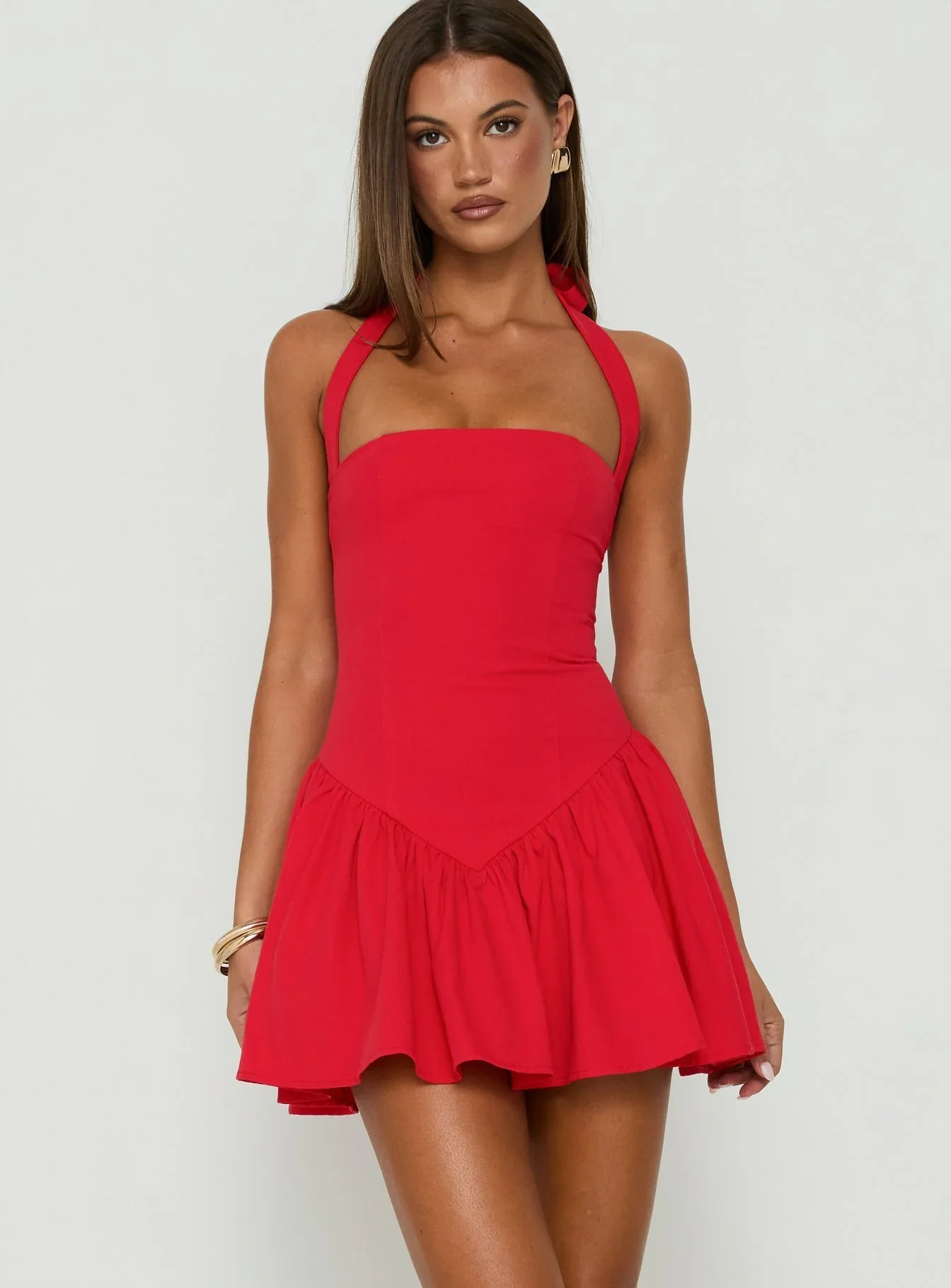 Esatora Halter Flare Mini Dress Red