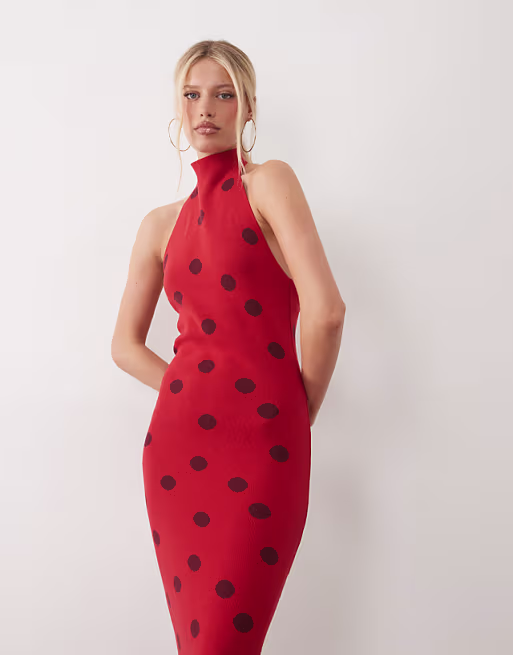 knit halter neck maxi dress in red polka dot