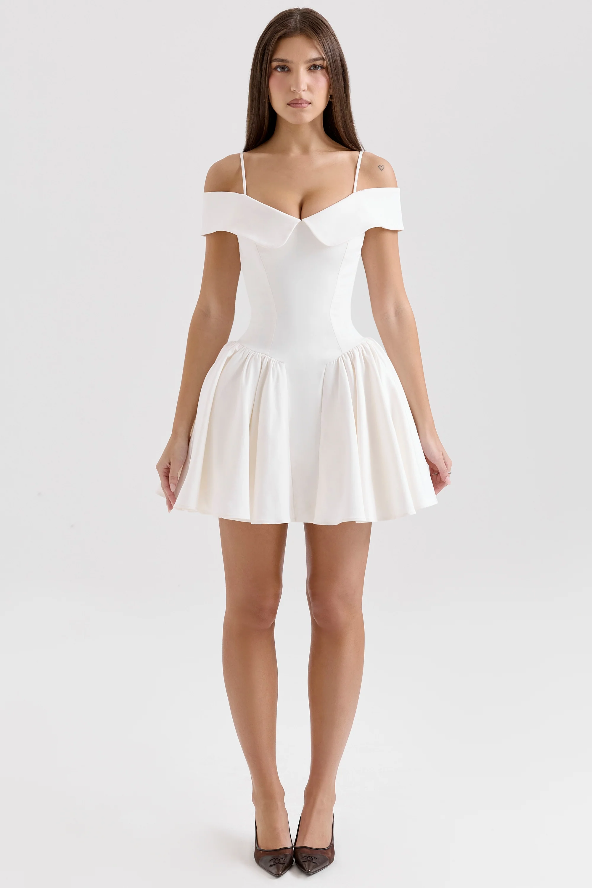 white twill off shoulder mini dress