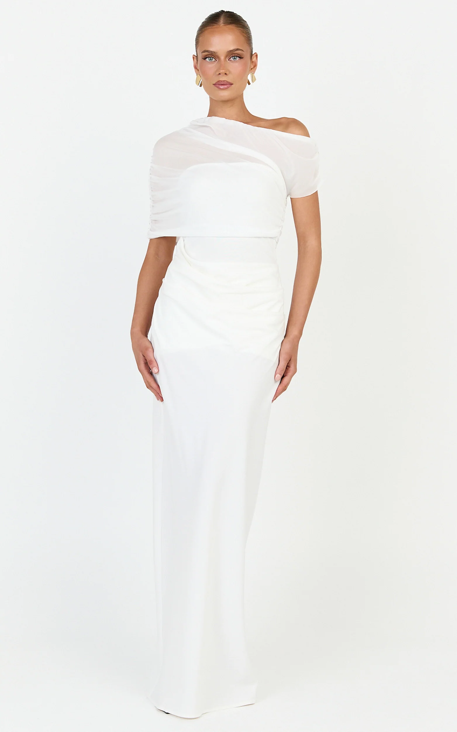 Nami Maxi Dress - Overlay Off Shoulder Draped Cowl Waist Dress in White