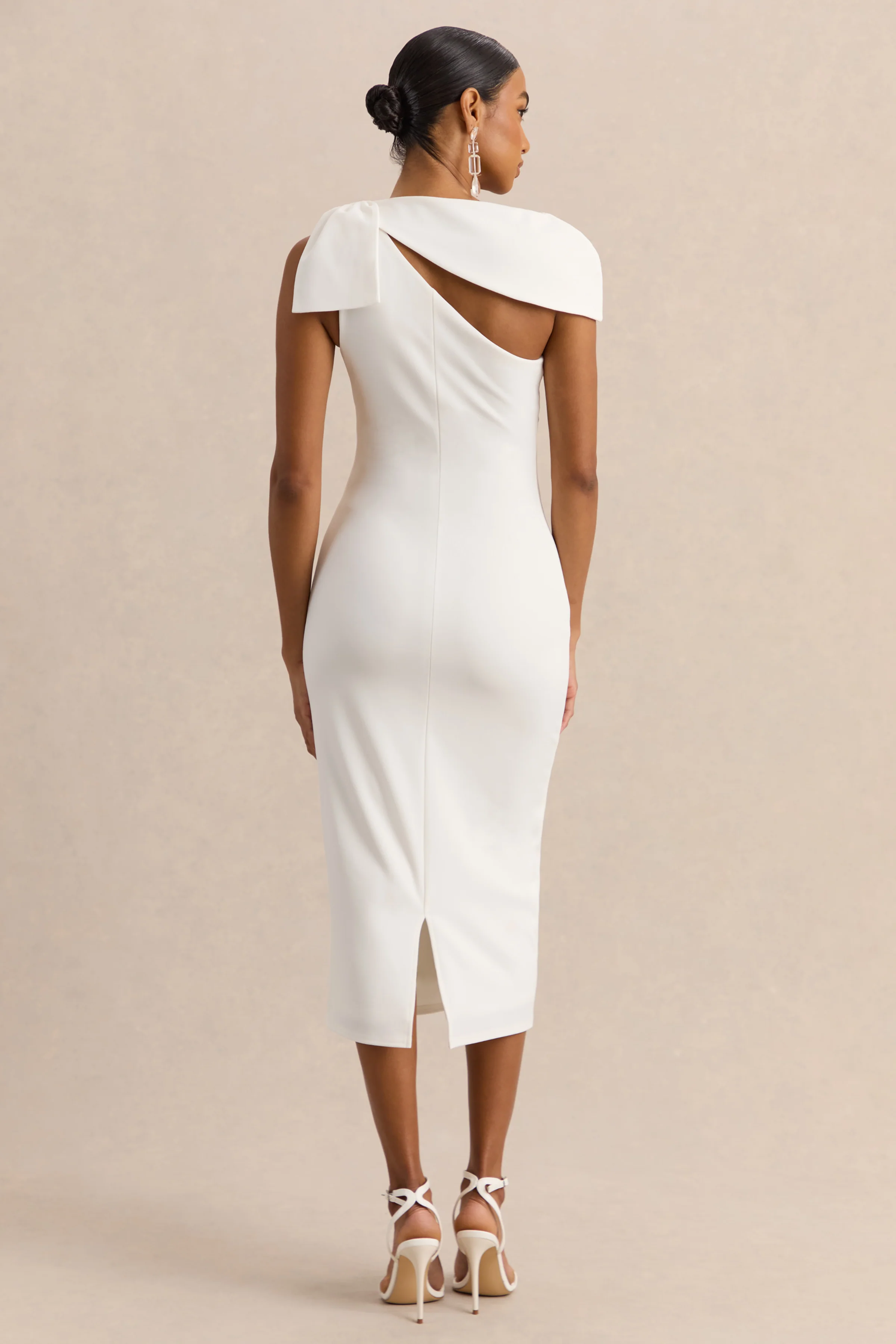 Clarina | White Asymmetric-Neck Midi Dress With Bow-Detail