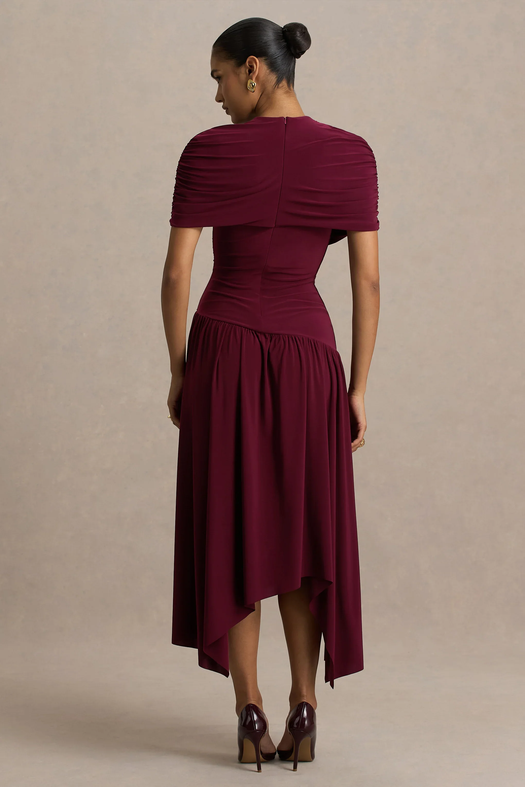 Ione | Burgundy Wrapped Midi Dress With Hanky Hem