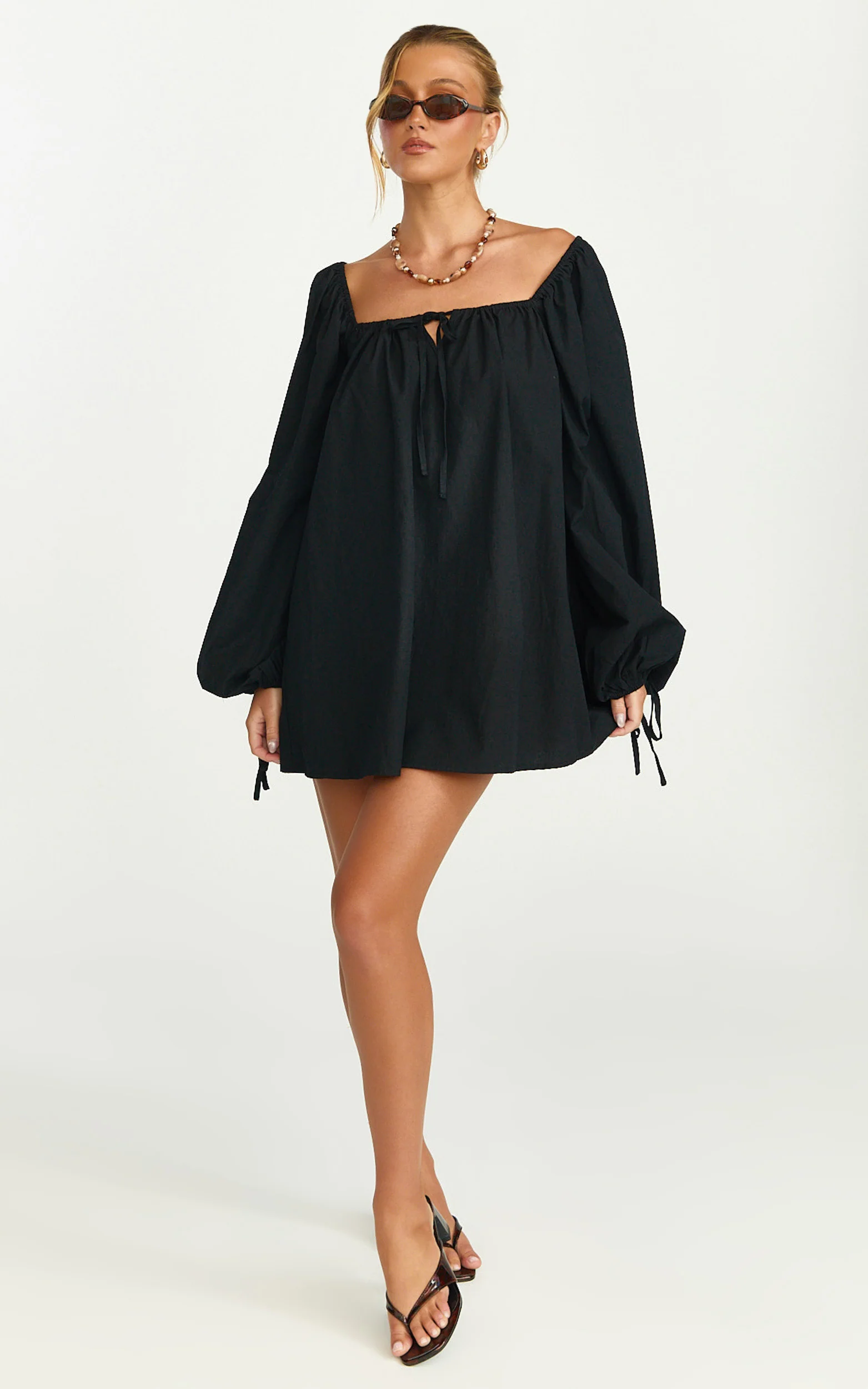 Brixton Mini Dress - Square Neck Smock Dress in Black