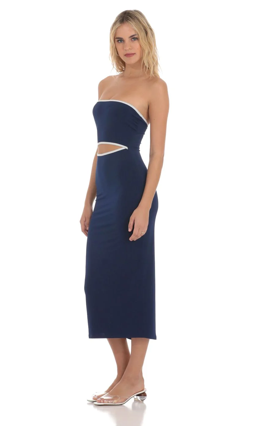 Cutout Strapless Midi Dress in Navy - luluinthesky