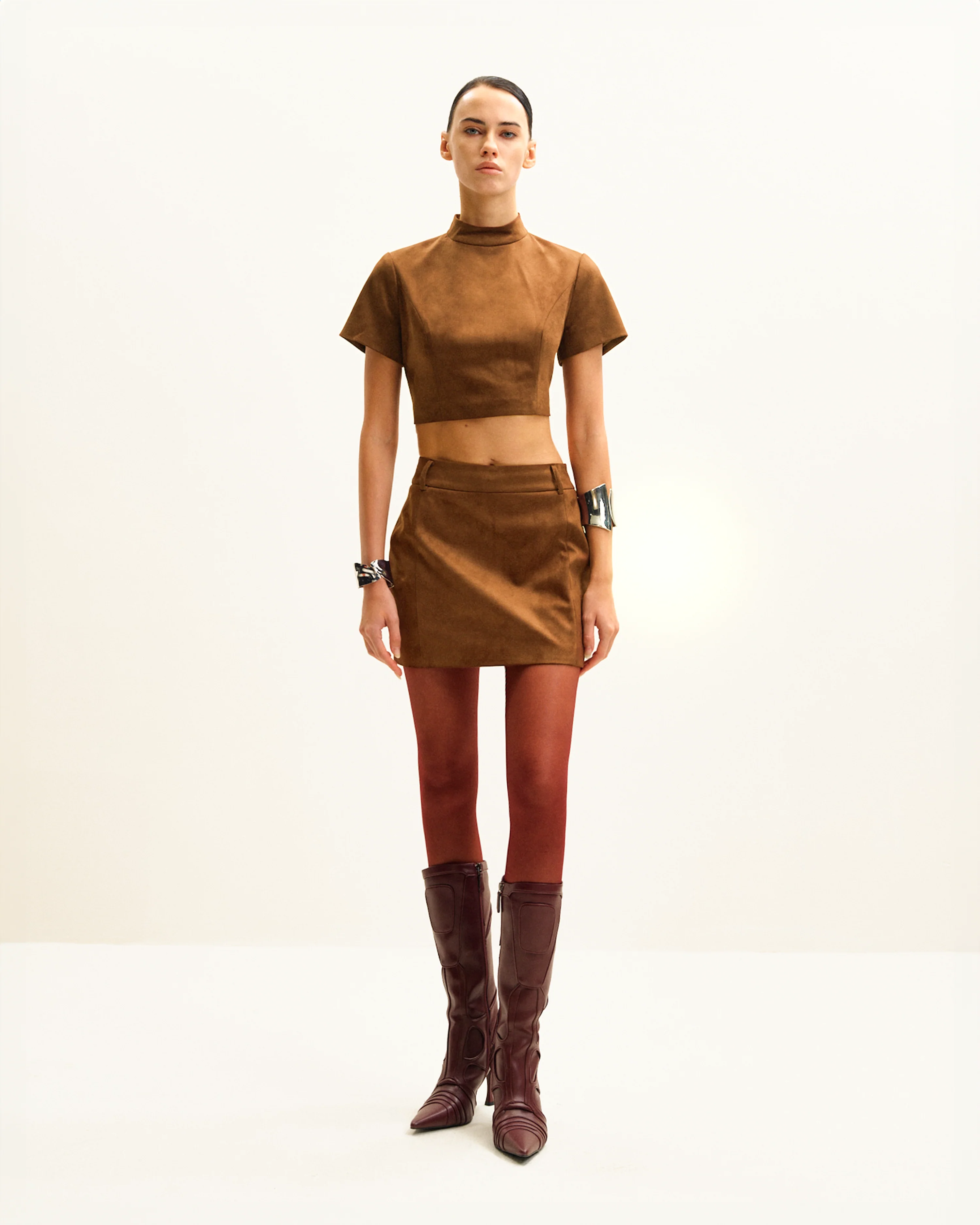 Grace Faux Suede Crop Top and Mini Skirt Set - Camel