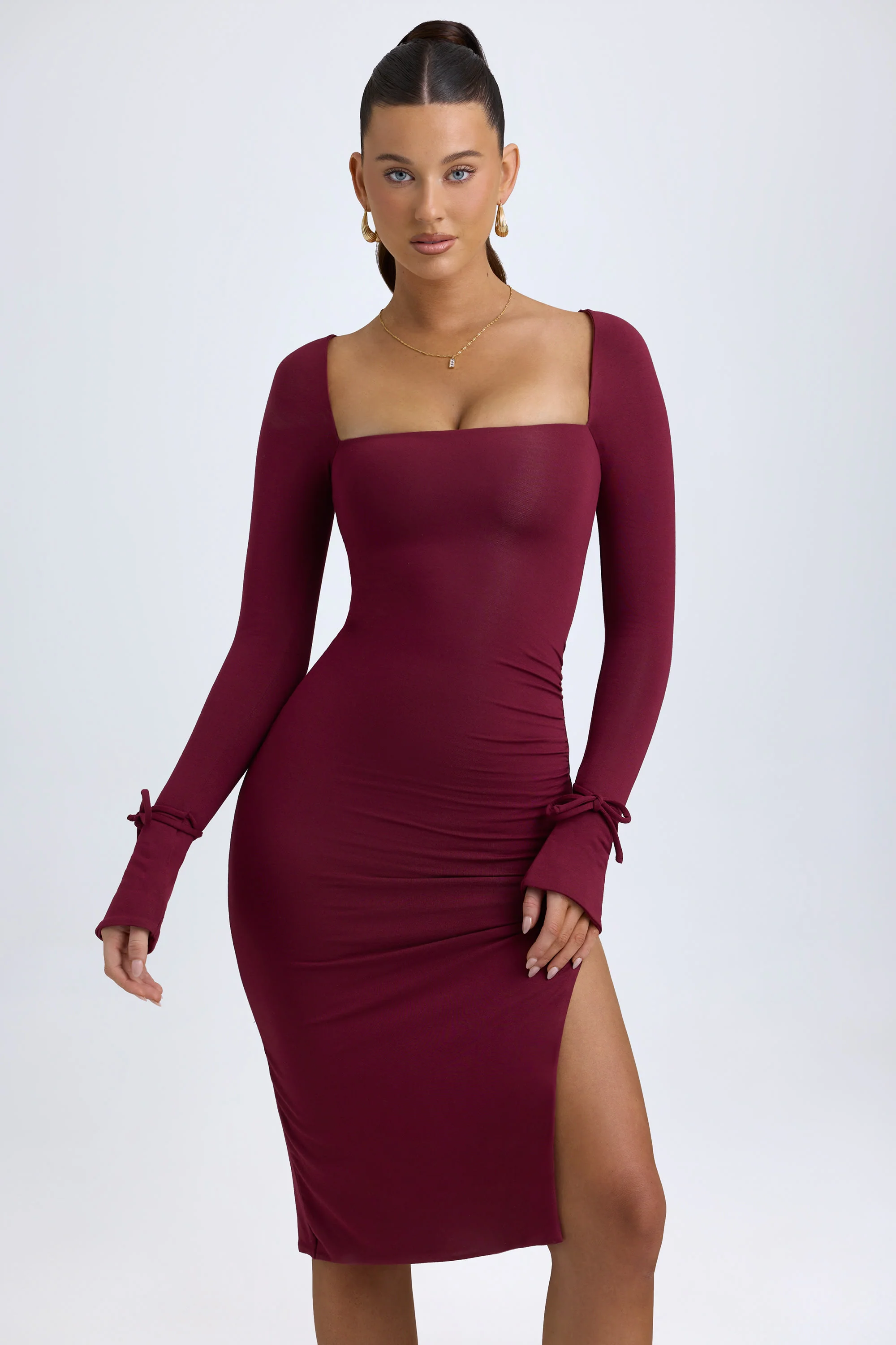 Modal Square-Neck Long-Sleeve Midi Dress in Wine Red