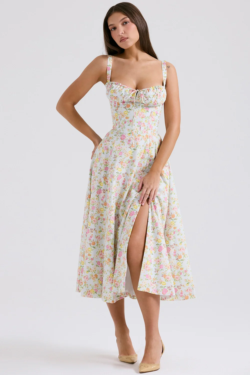 Pale Blue Meadow Print Cotton Bustier Sundress
