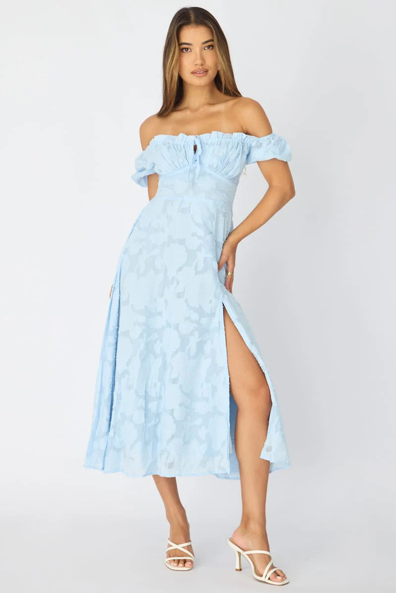Blue Midi Dress Puff Sleeve