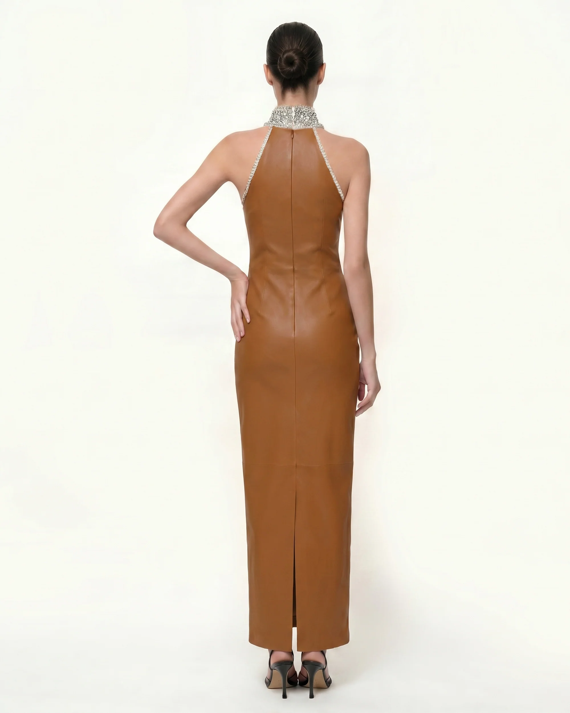 Jeweled High Neck Halter Maxi Dress - Caramel Brown - FASHION NOB