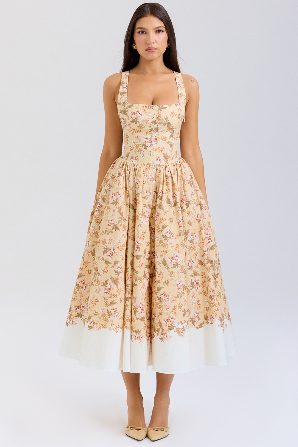 Honeyflower Print Gathered Cotton Midi Dress