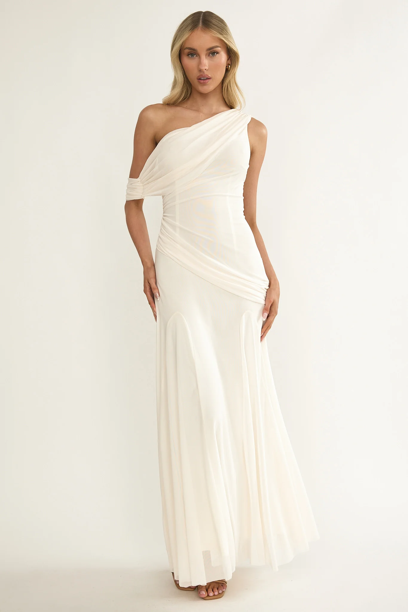 Anaisa Asymmetric Neckline Draped Maxi Dress Oyster