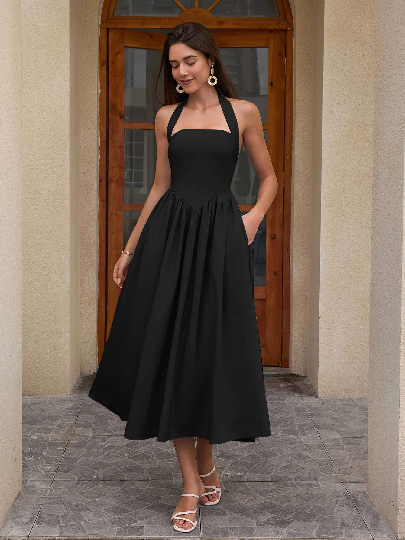 Halter Ruched Backless Flared Pocket Long Dress