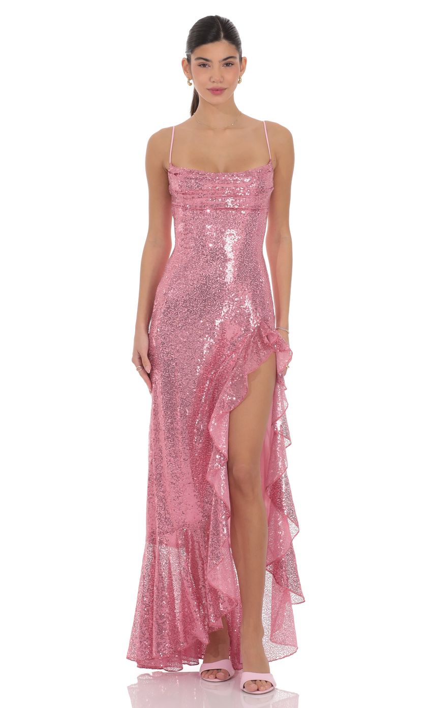 Sequin Ruffle Maxi Dress in Pink