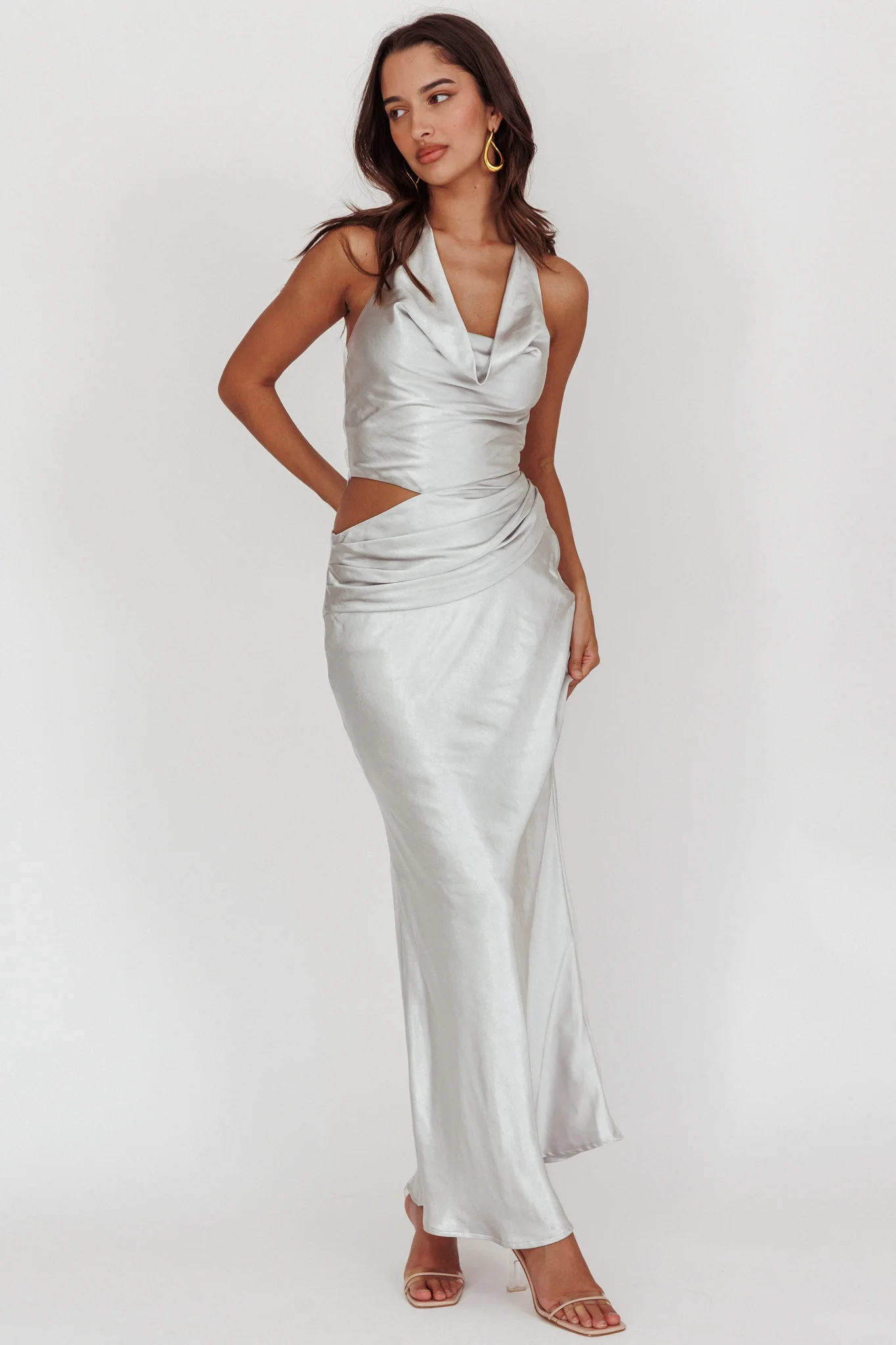 Cassiopeia Cowl Halter Neck Cut Out Maxi Dress Opal - luluinthesky