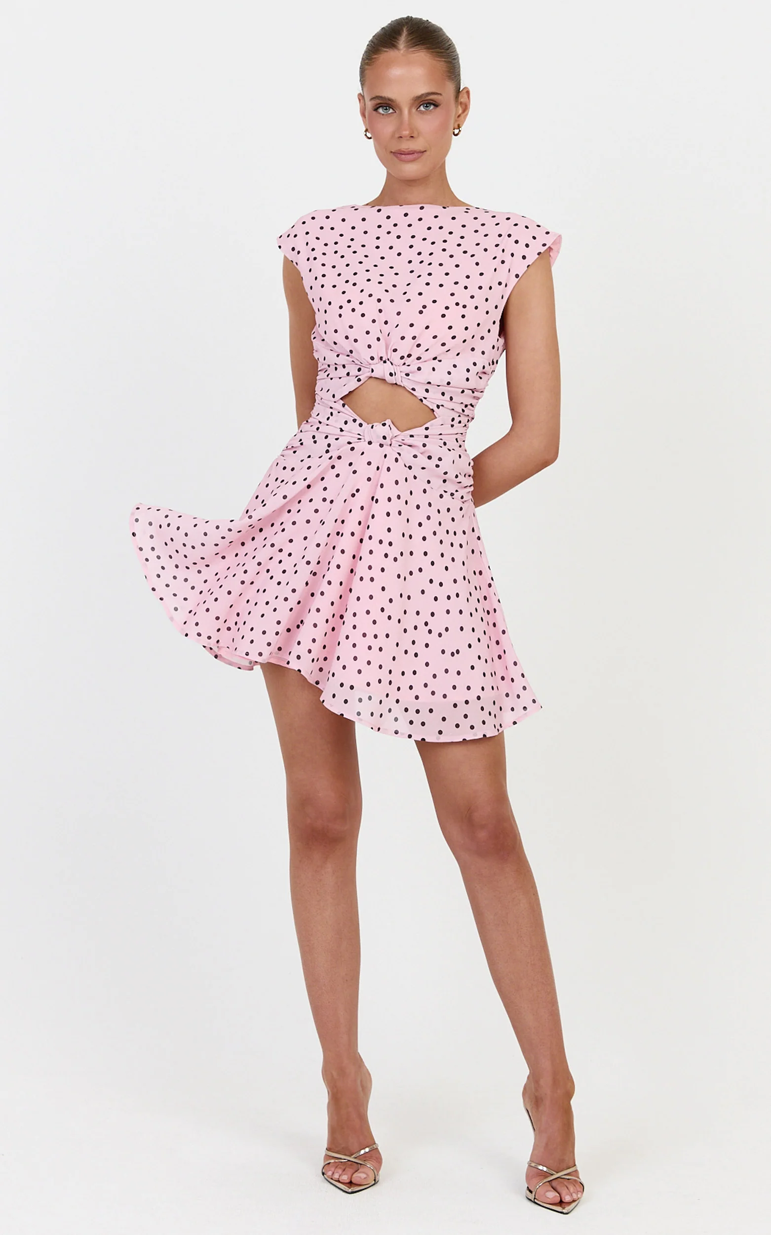 Livia Mini Dress - Cut Out Knot Detail Dress in Blush Scattered Polka Dot Print