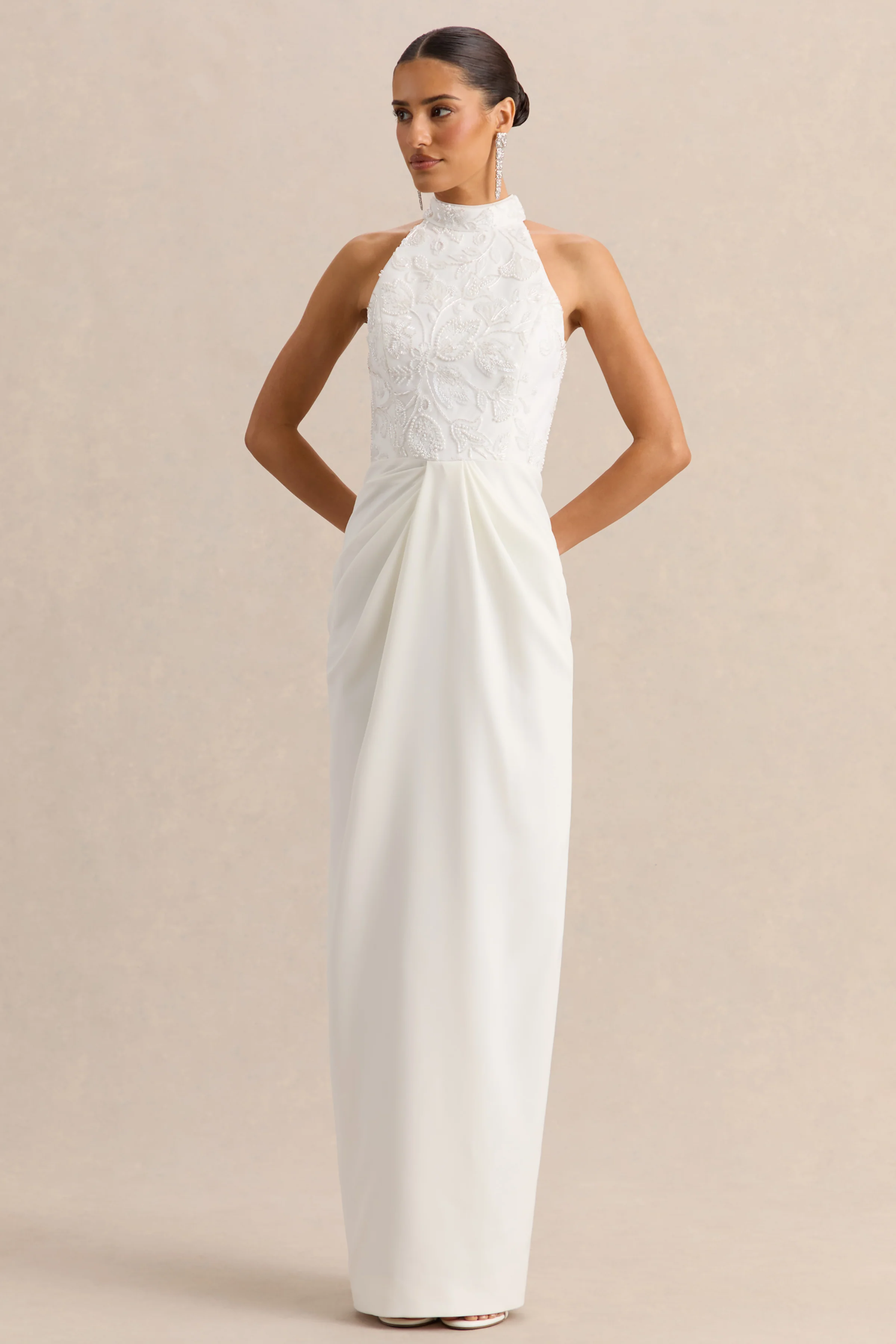 Charlotte | White Halter-Neck Maxi Dress With Gathered-Detailing