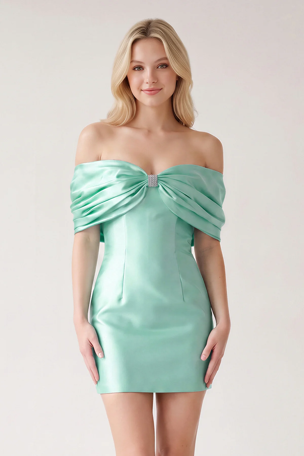 Aqua Off The Shoulder Satin Bodycon Short Homecoming Dress With Beading