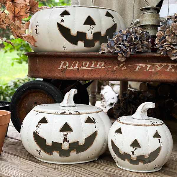 Huge Chippy Metal Jack O Lanterns, Set of Three