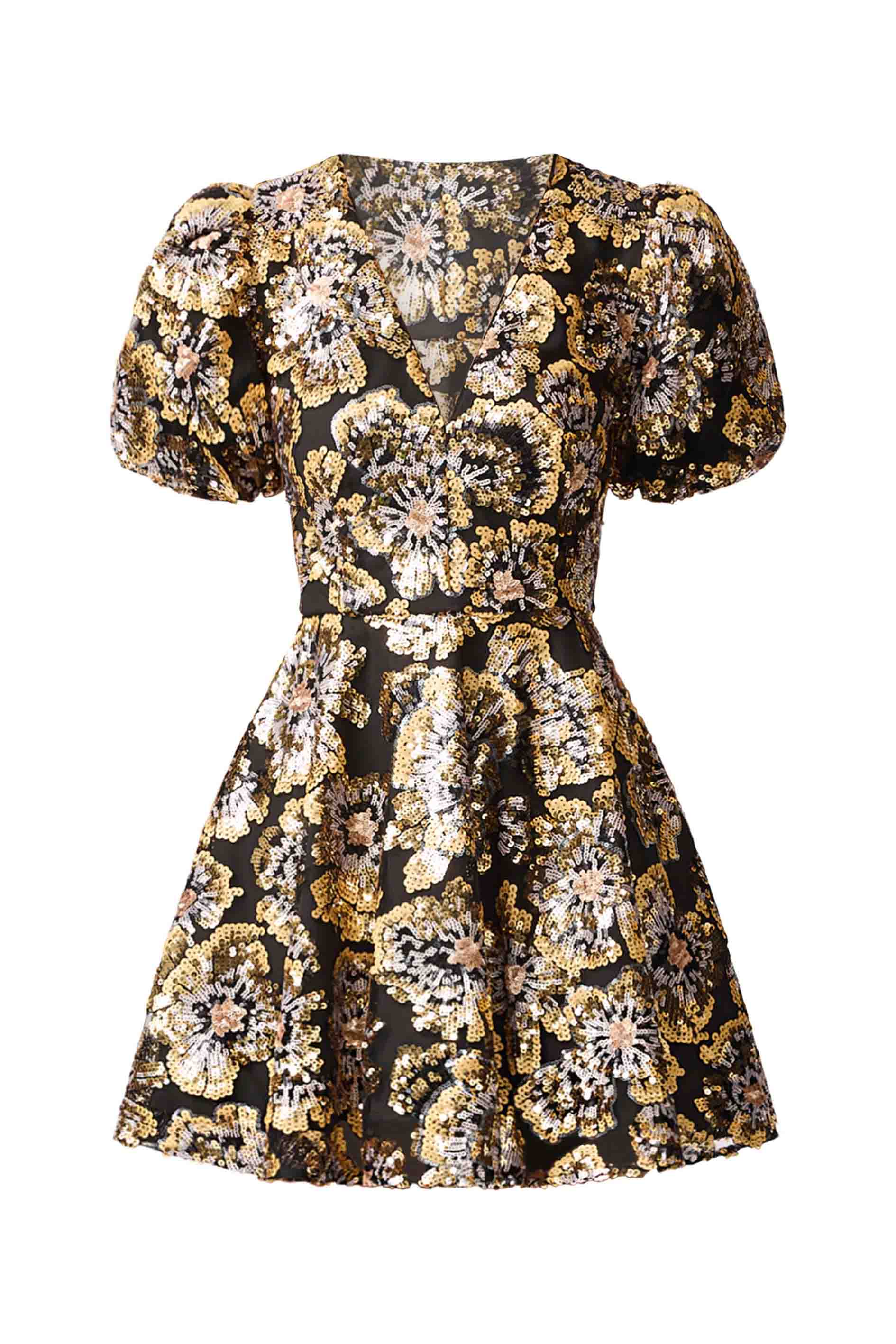Celeste Puff Sleeve Mini Dress in Black and Gold