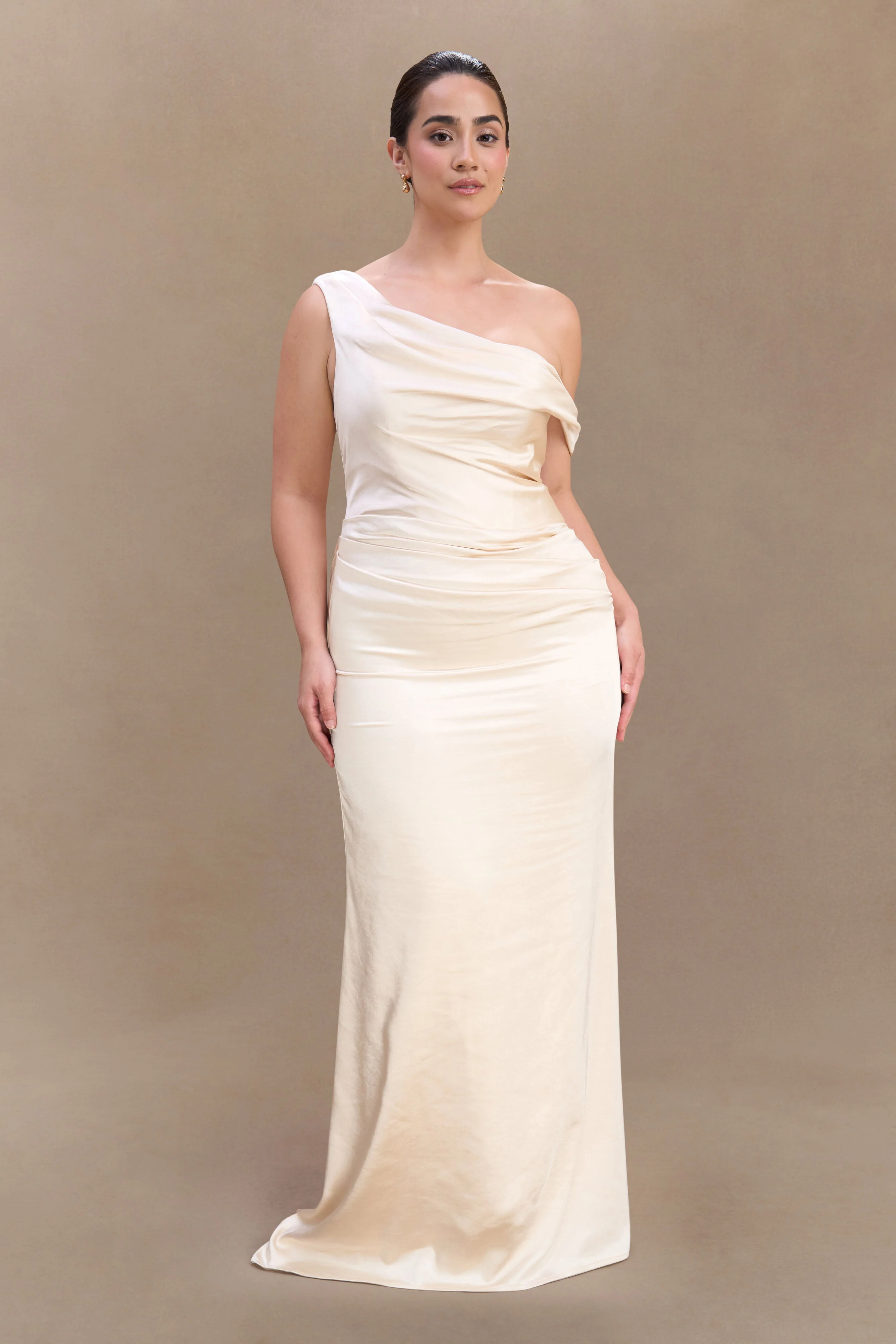 Dalia Off Shoulder Satin Maxi Dress - Blush Gold