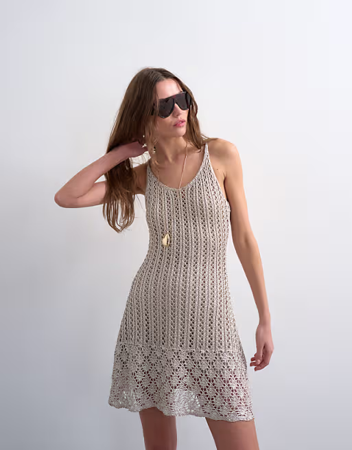 Topshop knit metallic crochet mini dress in gold